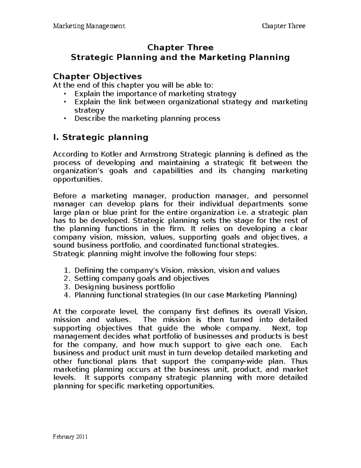 Marketing Management MKT 101: Chapter 3 - Strategic Planning ...