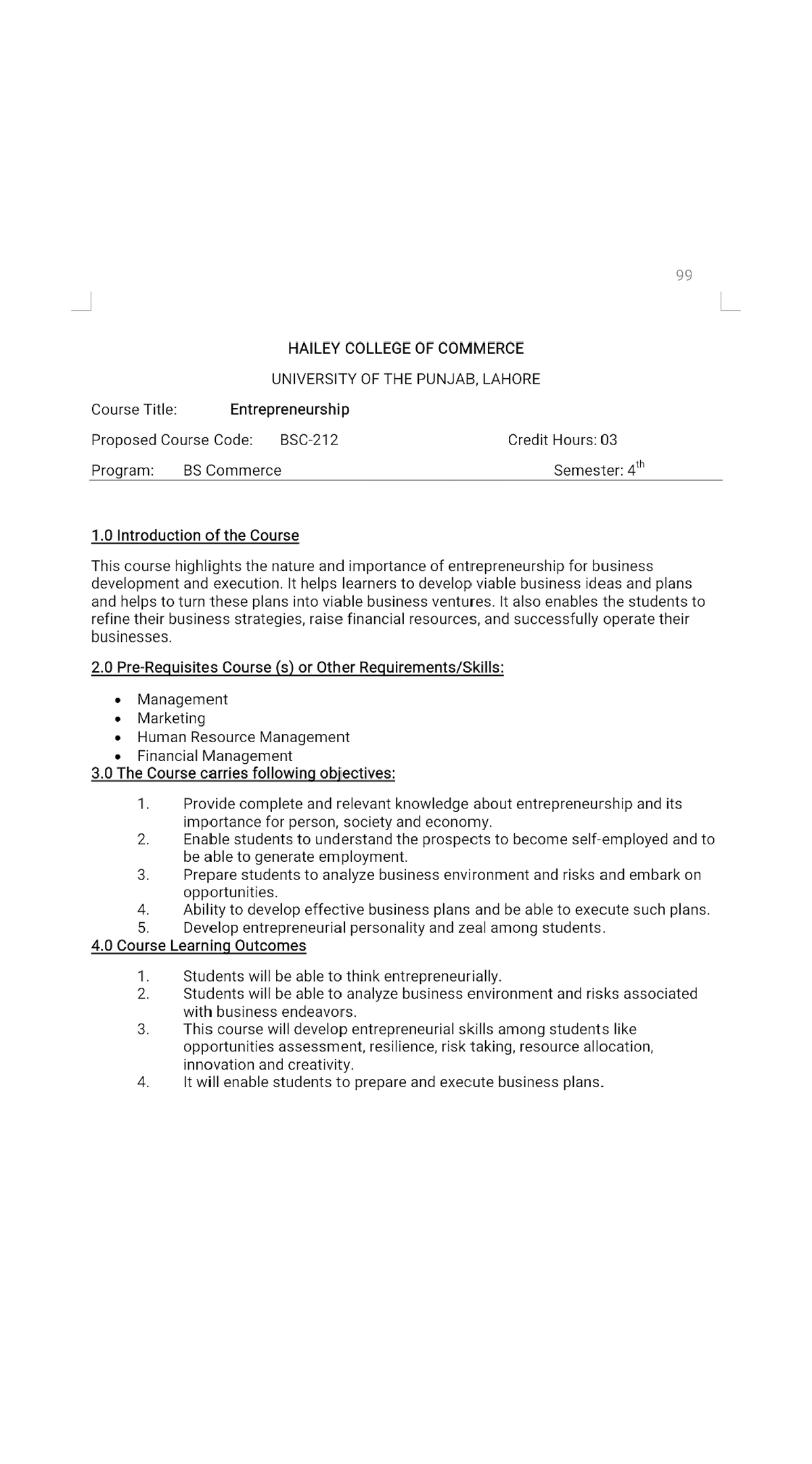 Entrepreneurship Course Outline - BS Commerce (4th Semester) - Studocu