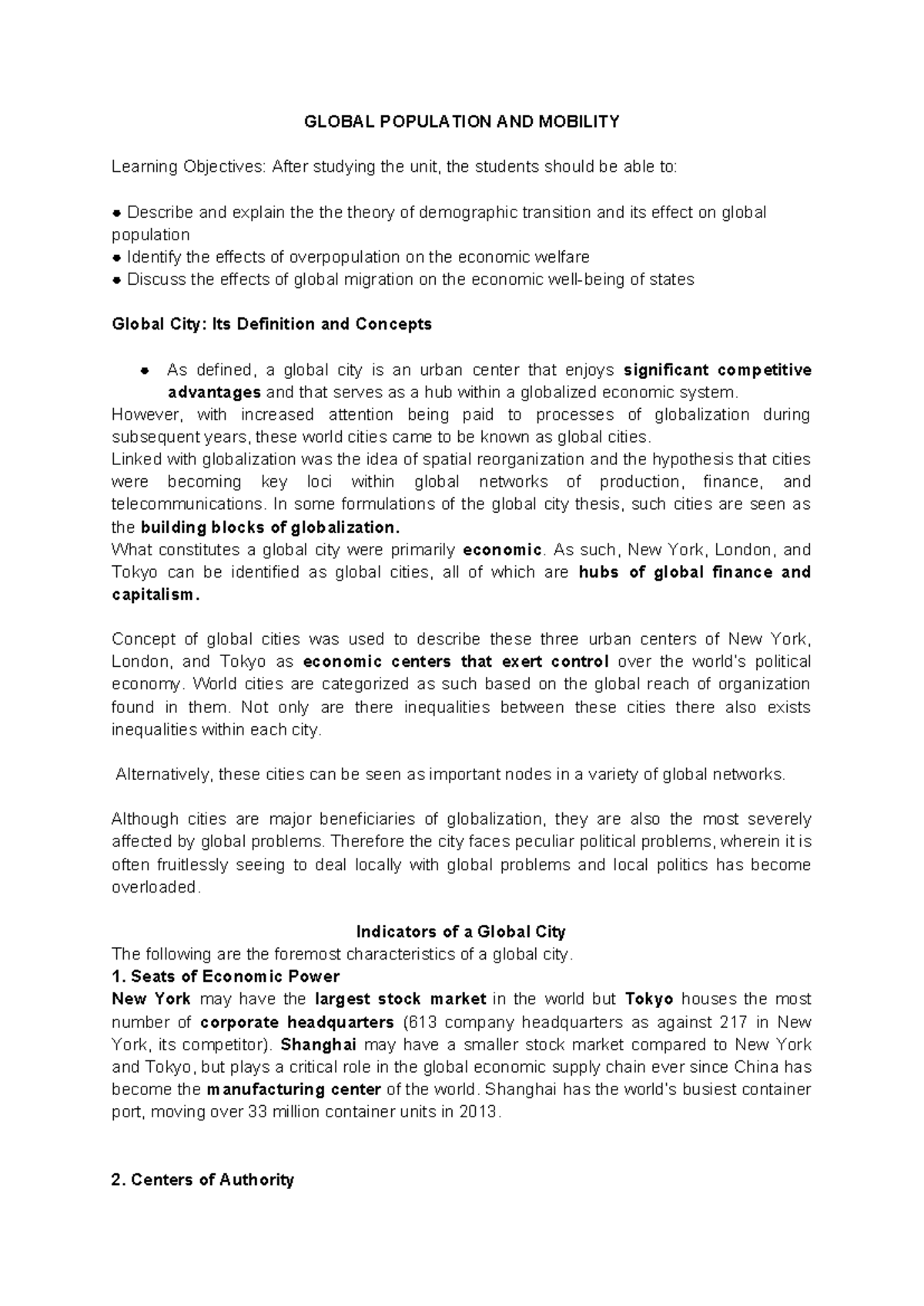 GLOBAL POPULATION AND MOBILITY: Demographic Transition & Global Cities ...