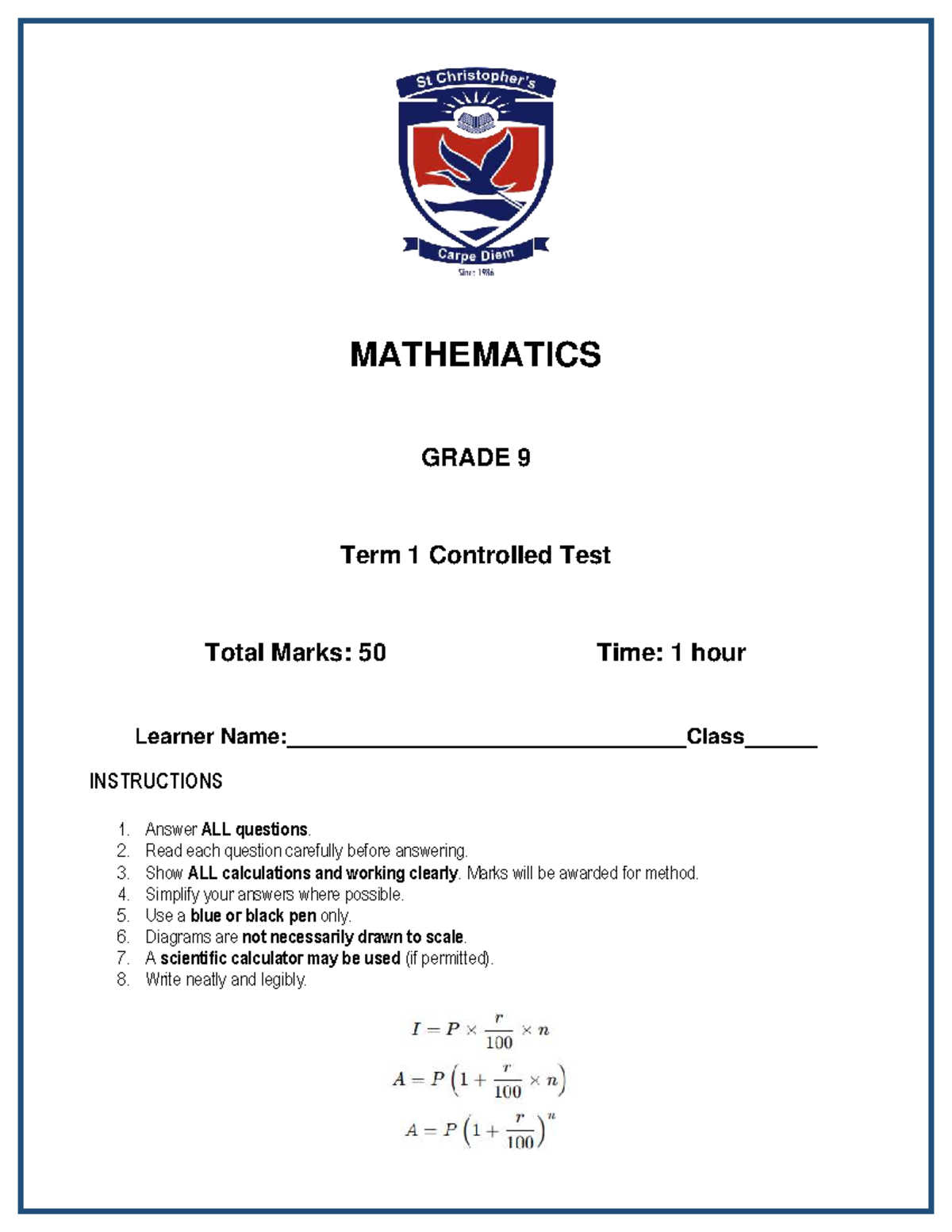 Grade 9 Mathematics Term 1 Controlled Test - March 2023 - Studocu