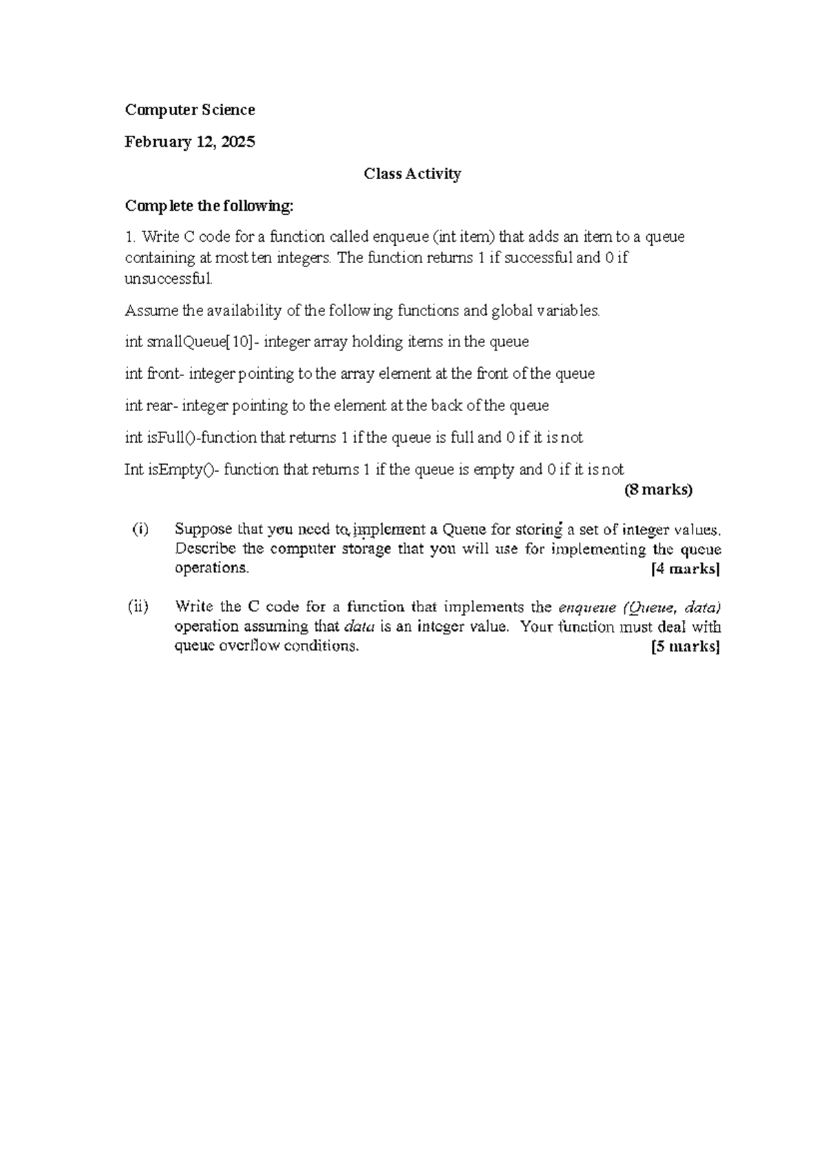 Computer Science Class Activity: C Code for Enqueue Function - Studocu