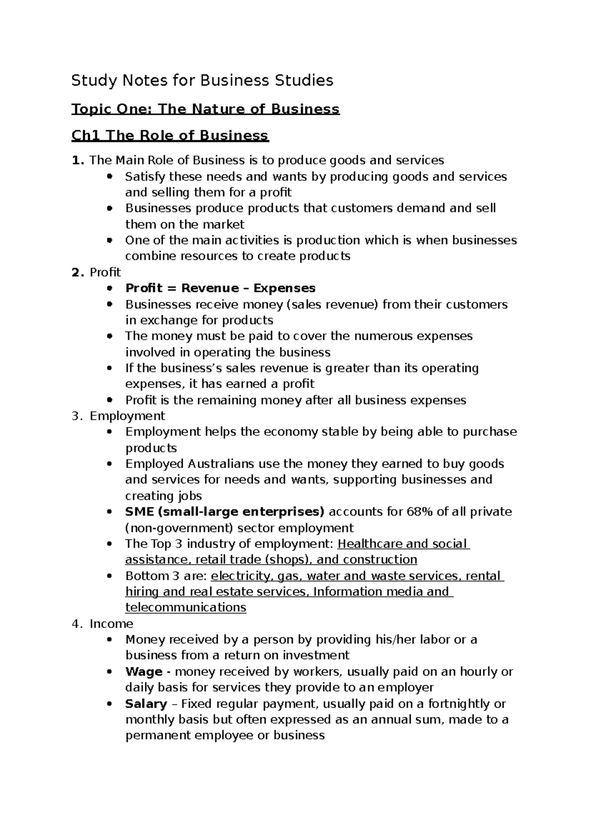 Business Studies Study Notes: The Nature of Business (Ch1) - Studocu