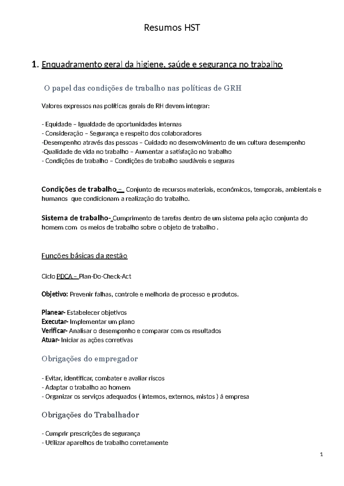 Resumos - Higiene e Segurança no Trabalho (HST) e Prevenção de ...