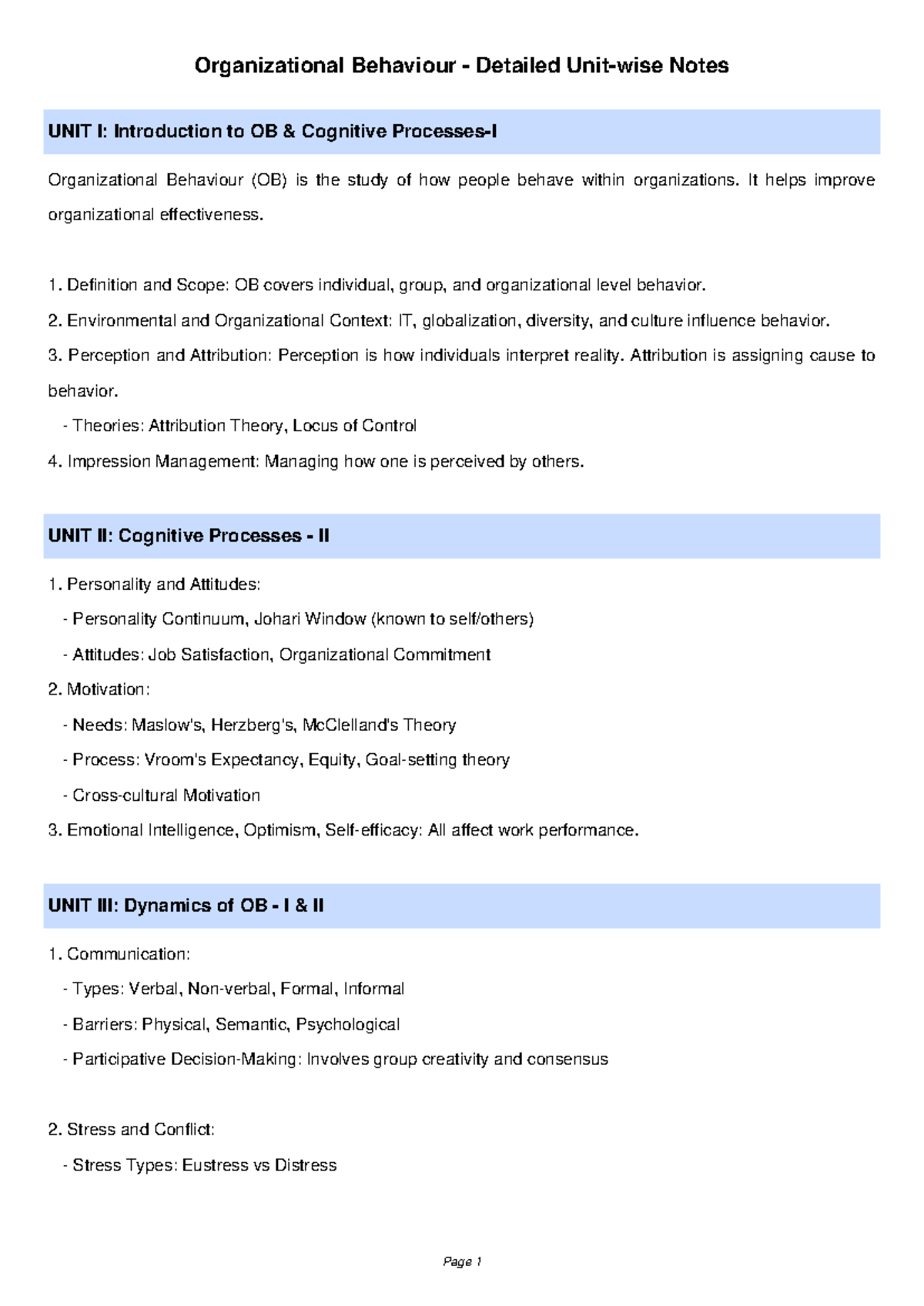 Organizational Behaviour Unitwise Notes (JNTUH) - Studocu