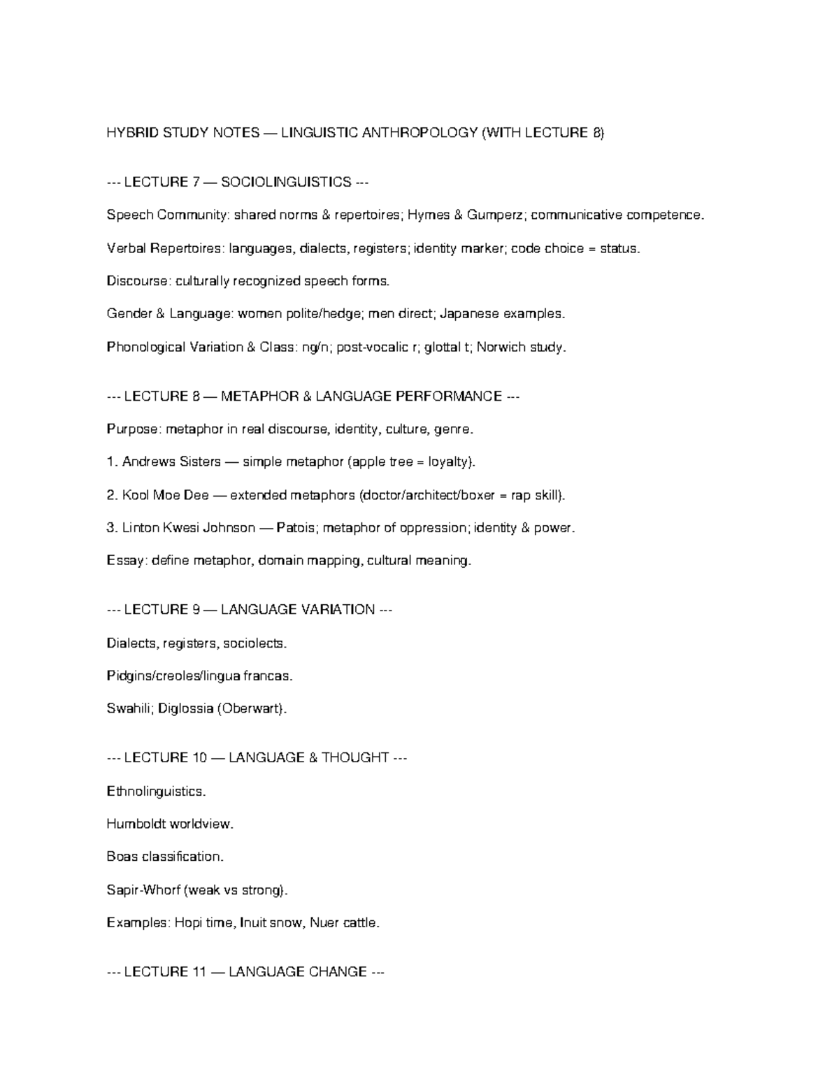 HYBRID STUDY NOTES LINGUISTIC ANTHROPOLOGY (LECTURES 7-11) - Studocu
