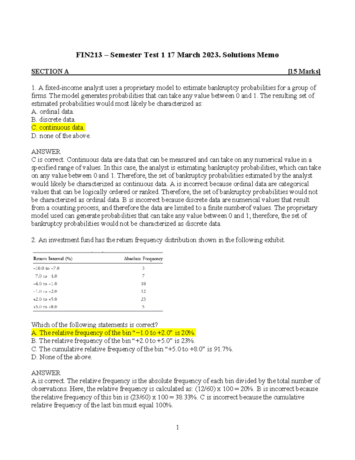 FIN213 - Semester Test 1 2023 Solutions and Detailed Explanations - Studocu