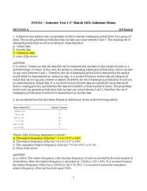 FIN213 - Solutions Memo for Semester Test 1 - April 11, 2024 - Studocu