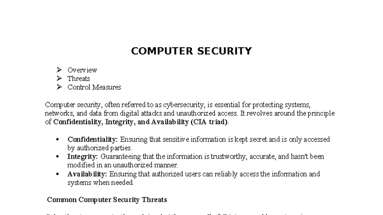COMPUTER SECURITY 101: Overview of Threats & Control Measures - Studocu