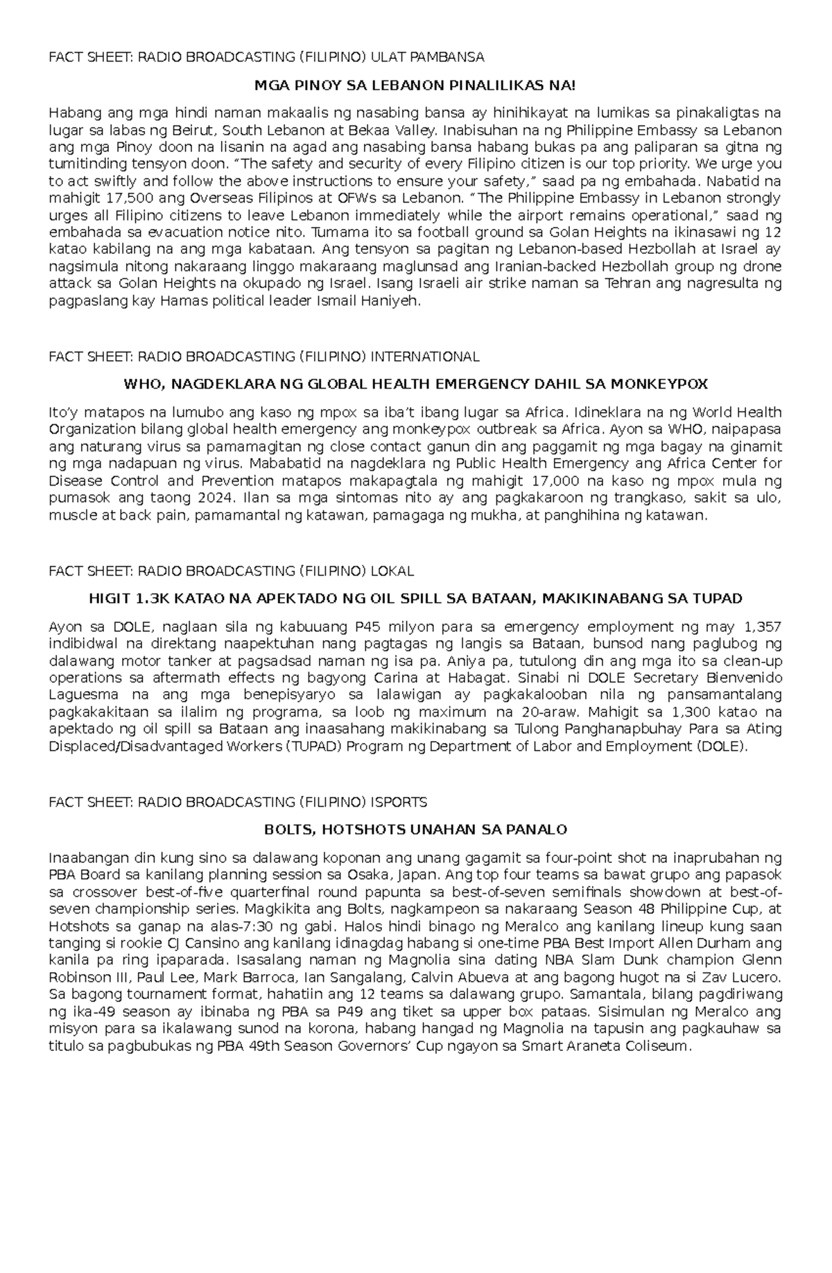 FACT SHEET: RADIO BROADCASTING (FILIPINO) MGA BALITA AT KAGANAPAN - Document Preview