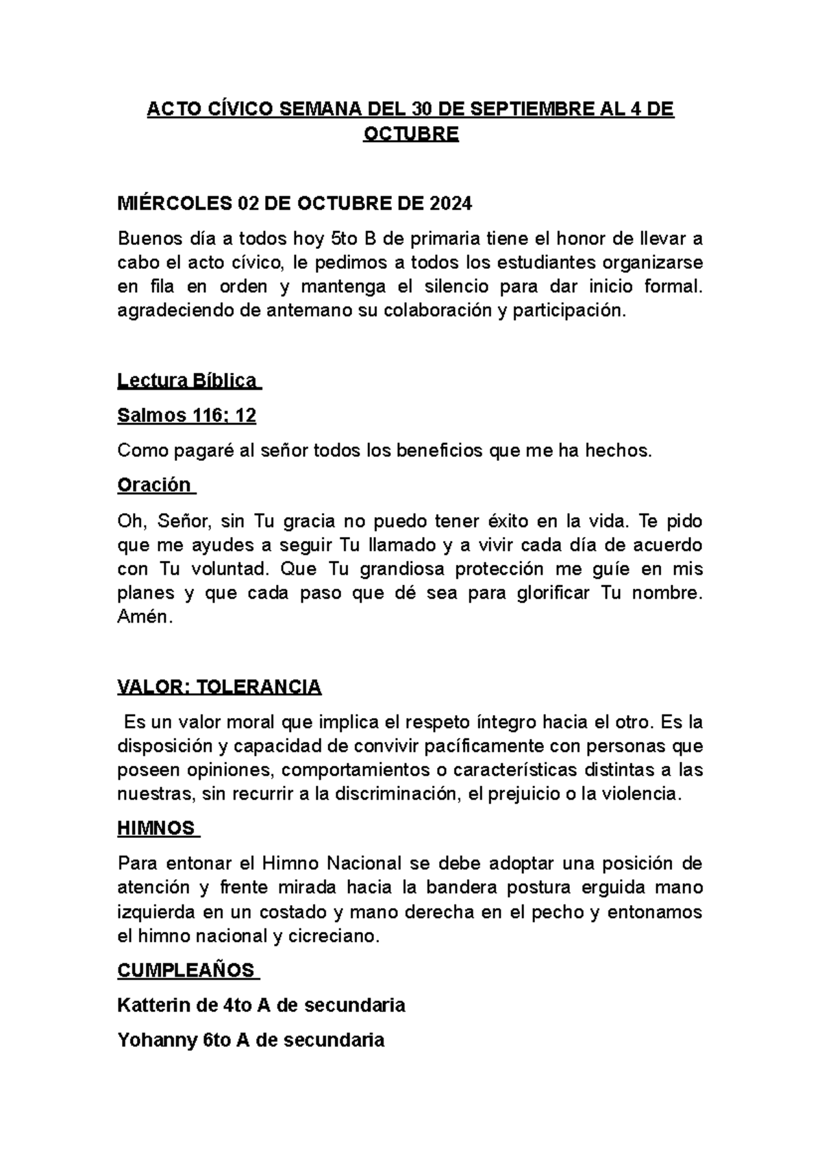 ACTO CÍVICO 5TO B - SEMANA DEL 30 DE SEPTIEMBRE AL 4 DE OCTUBRE 2024 ...