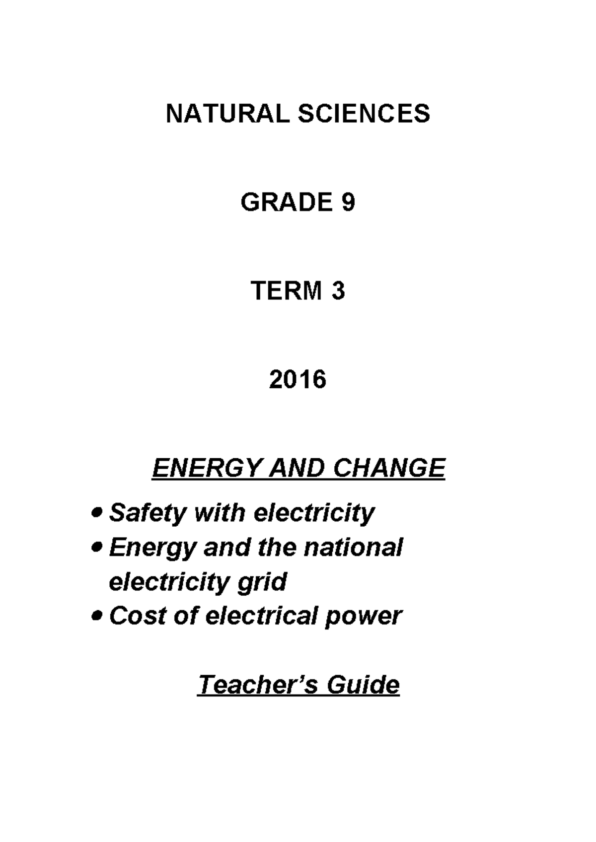 NS Grade 9 Term 3: Safety with Electricity & Energy Costs Guide - Studocu