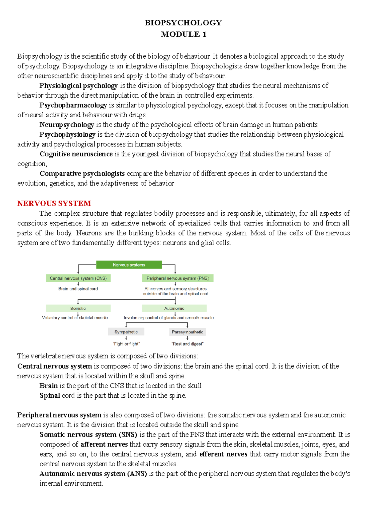 BIOPSYCHOLOGY MODULE 1: Overview of Nervous System Anatomy & Function ...