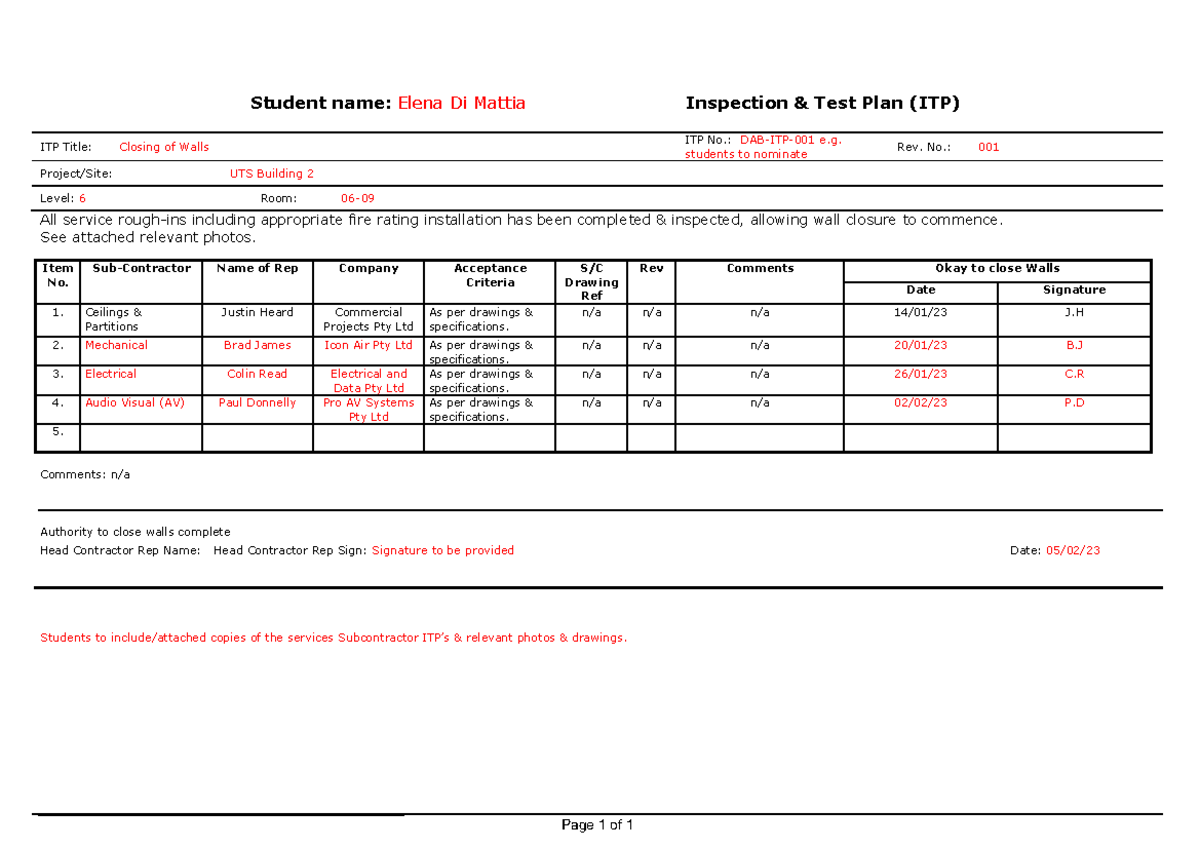 ITP No. DAB-ITP-001: Closing Walls Inspection & Test Plan - Studocu