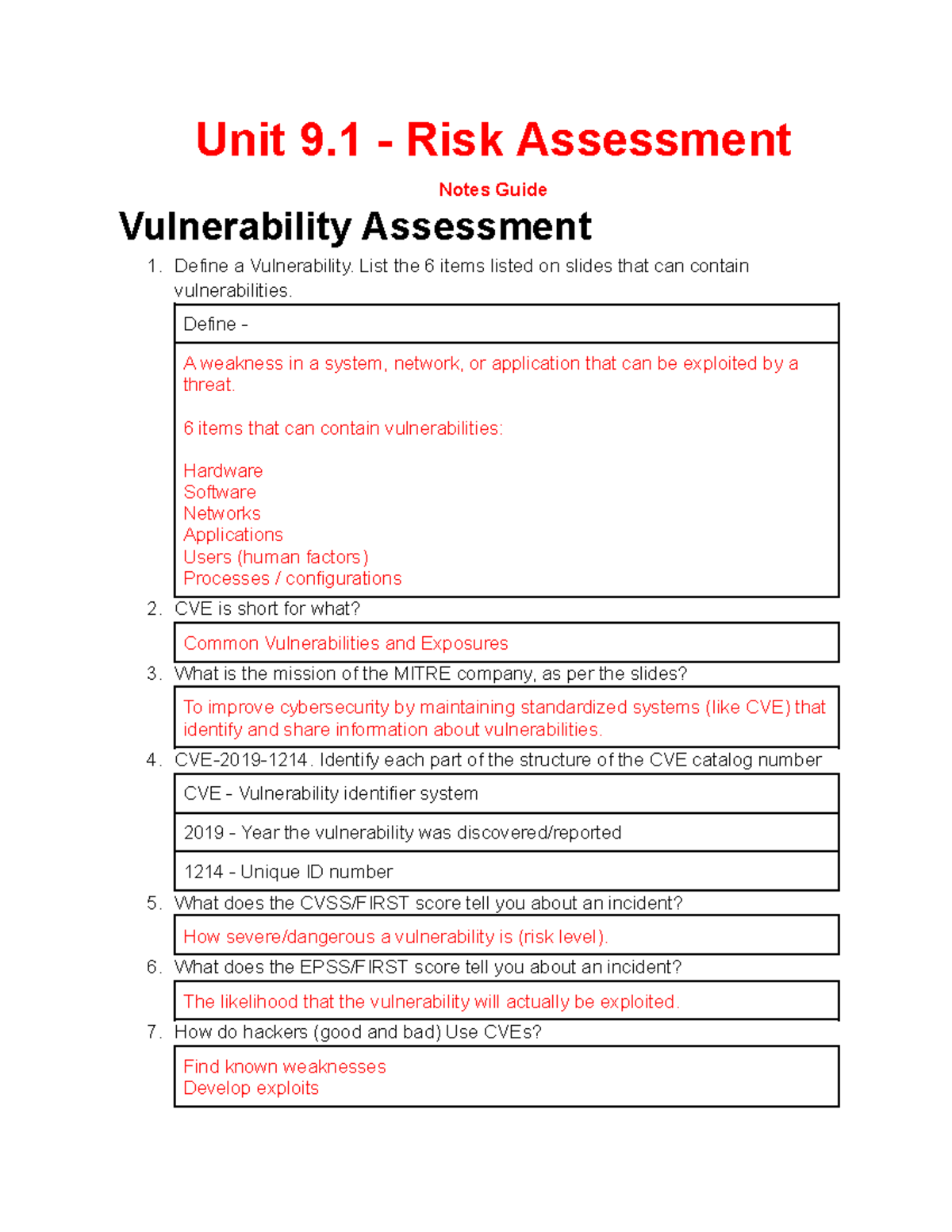 RMC MO Unit 9 Risk Assessment & Vulnerability Guide Notes - Studocu