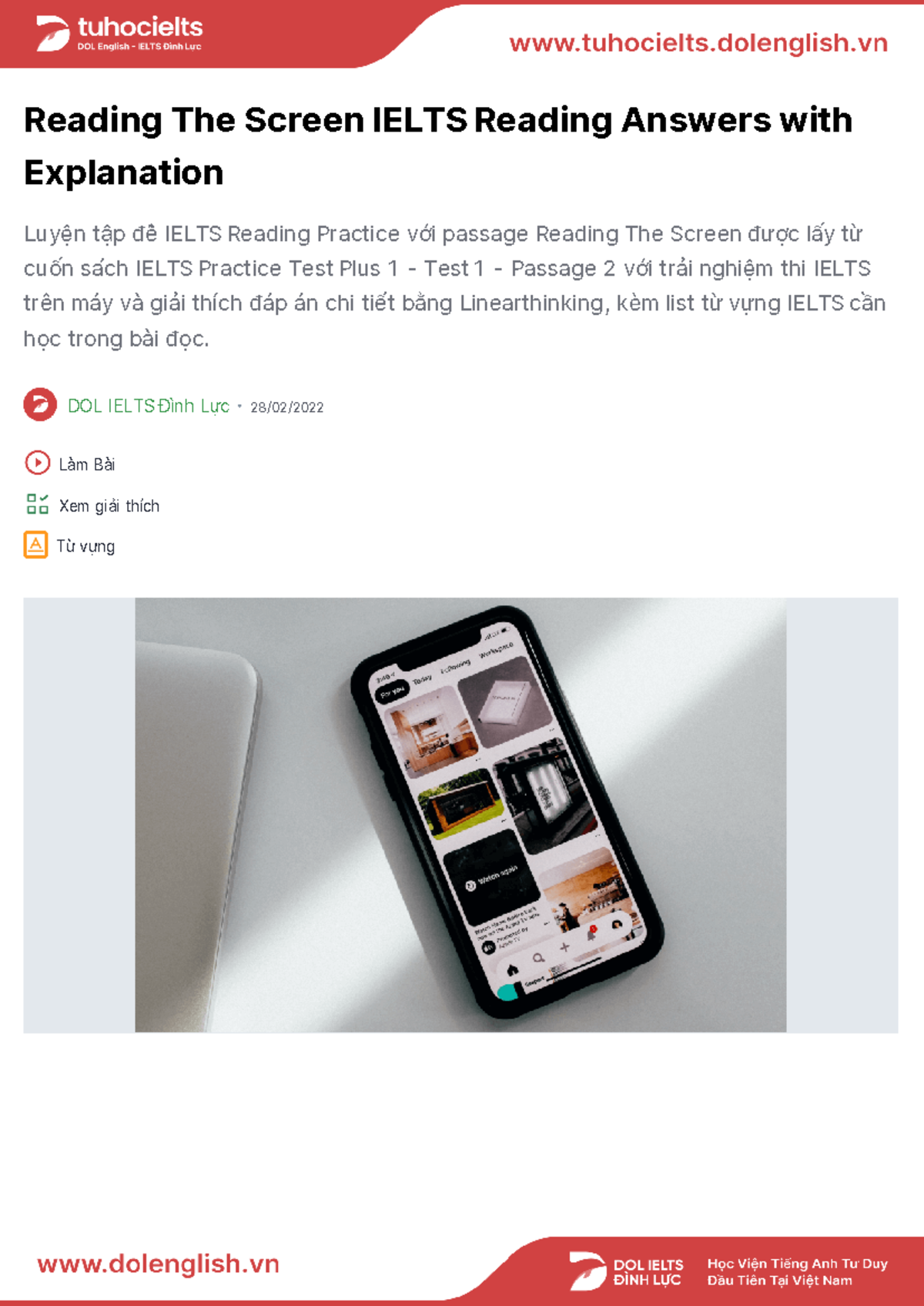 Reading The Screen - 28/02/ Làm Bài Xem giải thích Từ vựng Bài đọc ...