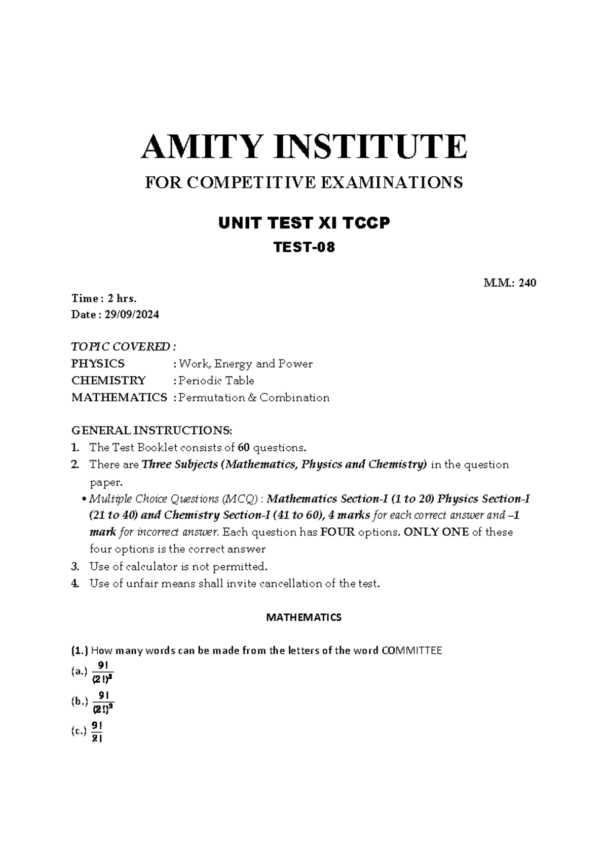 08. Tccpunittestmains Pattern-29 - AMITY INSTITUTE FOR COMPETITIVE ...