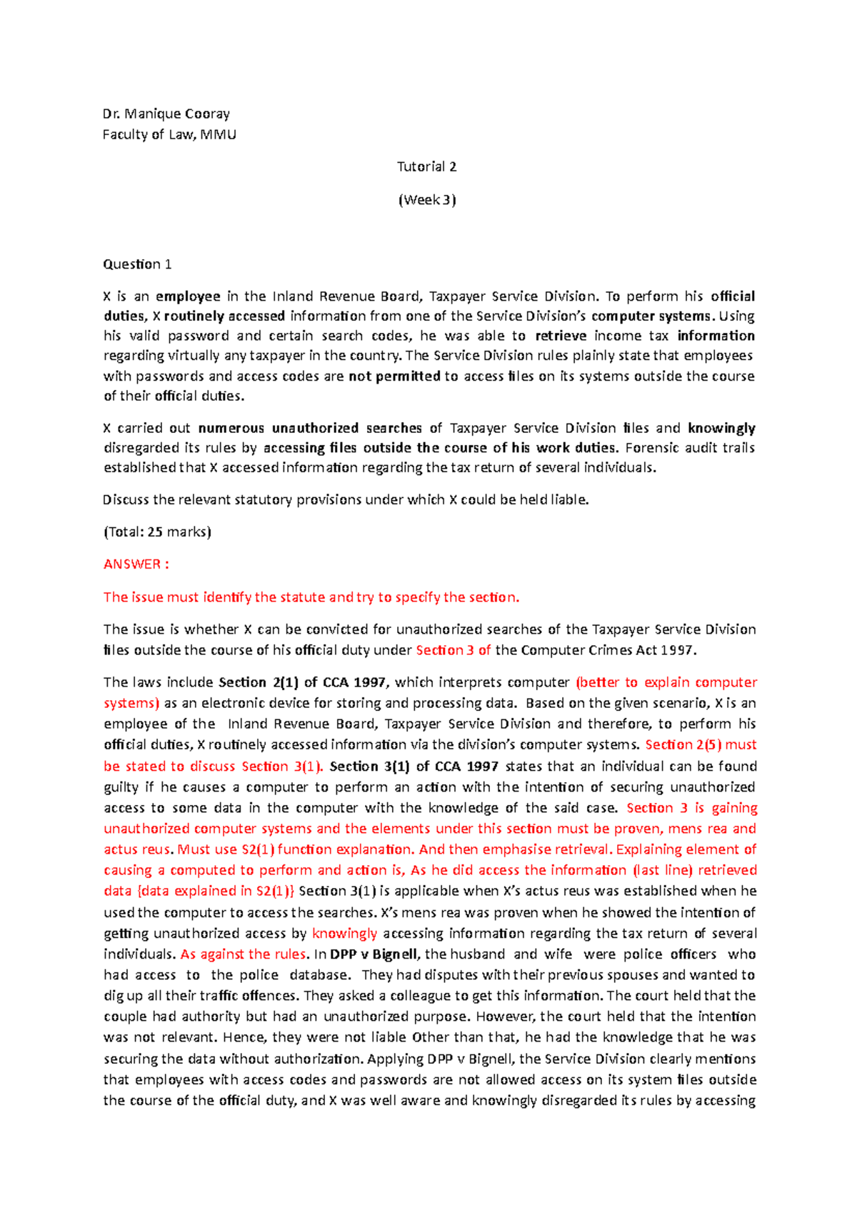 Tutorial 2 mineee - Dr. Manique Cooray Faculty of Law, MMU Tutorial 2 ...