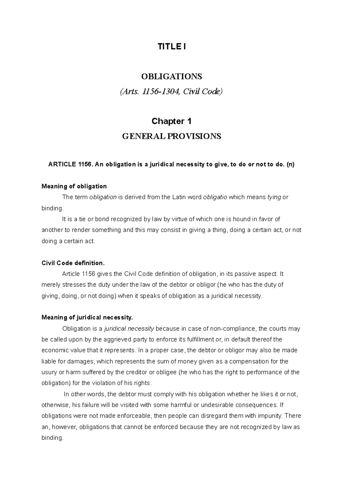 Obli Con Chapter 1 - TITLE I OBLIGATIONS (Arts. 1156-1304, Civil Code ...