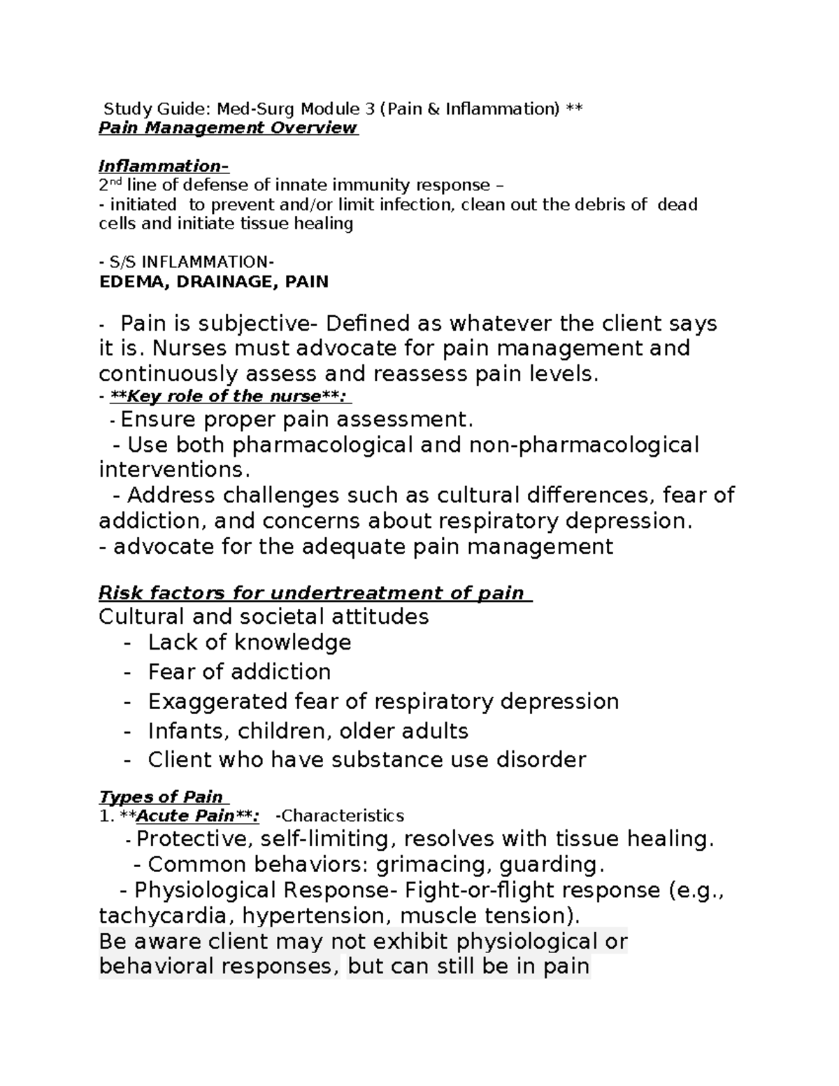 Med-Surg Exam 2 Study Guide: Key Concepts in Pain & Inflammation - Studocu
