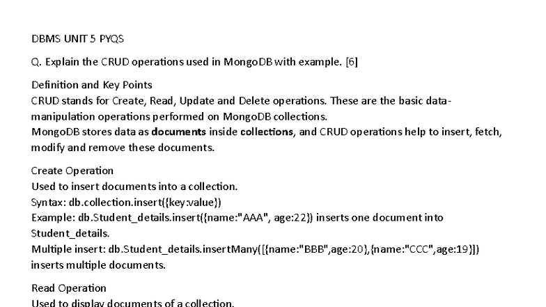DBMS UNIT 5 PYQS: CRUD Operations in MongoDB and CAP Theorem Explained ...