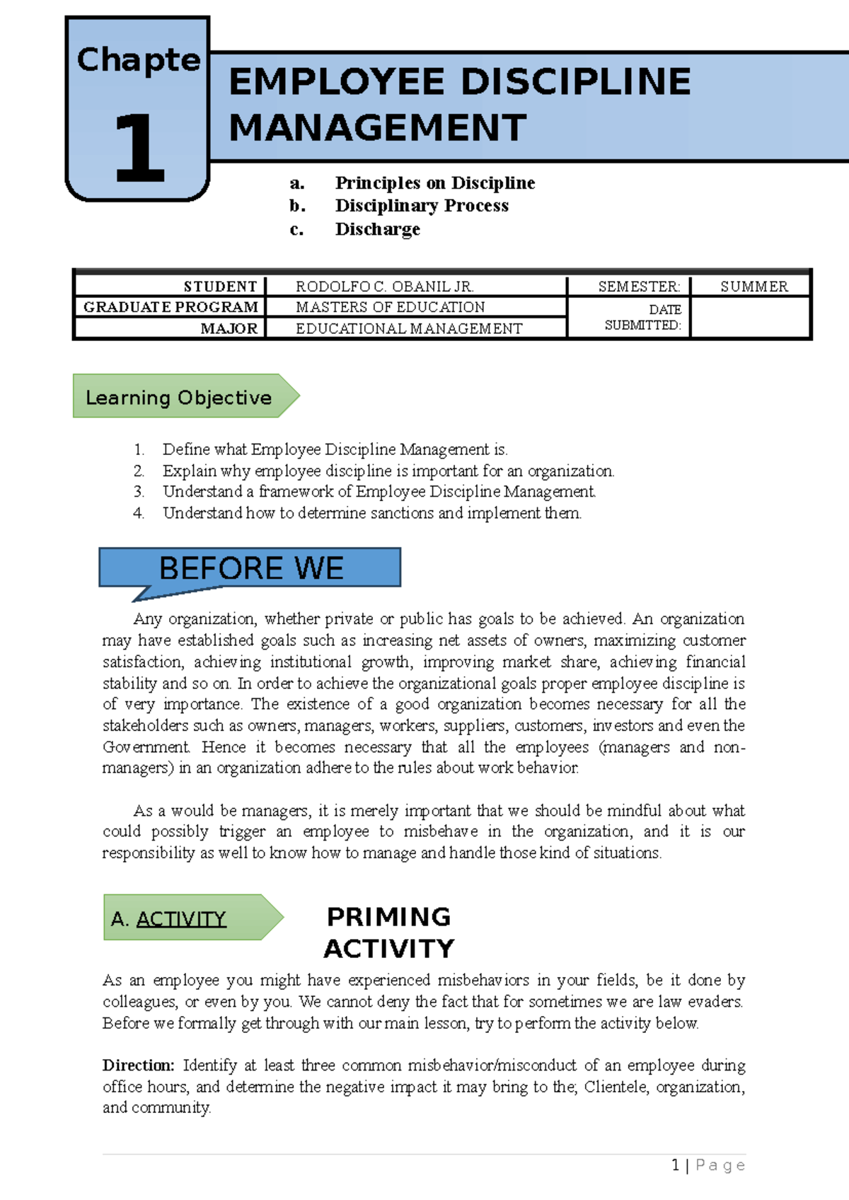 Chapter 12 Learning Module IN Employee Discipline Management ( Rodolfo ...