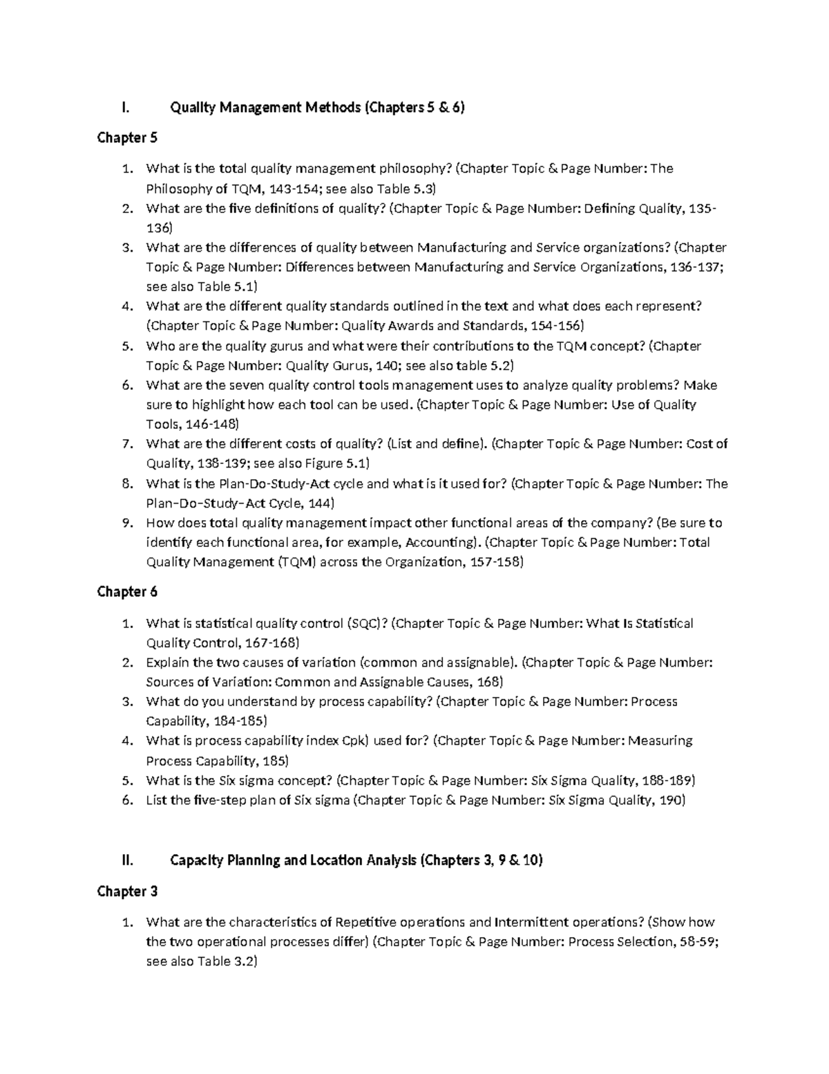 C215 Study Guide - I. Quality Management Methods (Chapters 5 & 6 ...