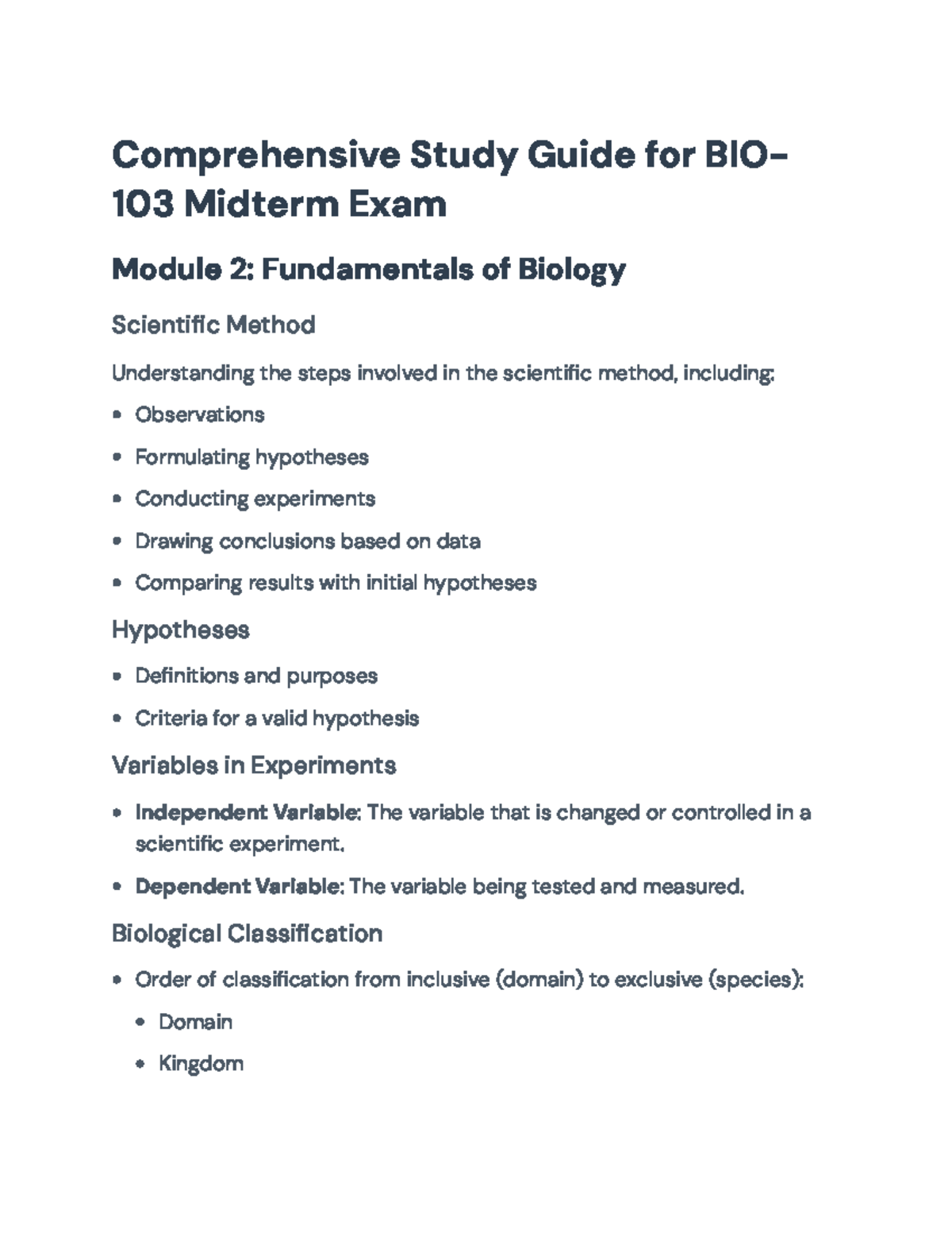 Comprehensive Study Guide for BIO-103 Midterm Exam: Key Concepts - Studocu