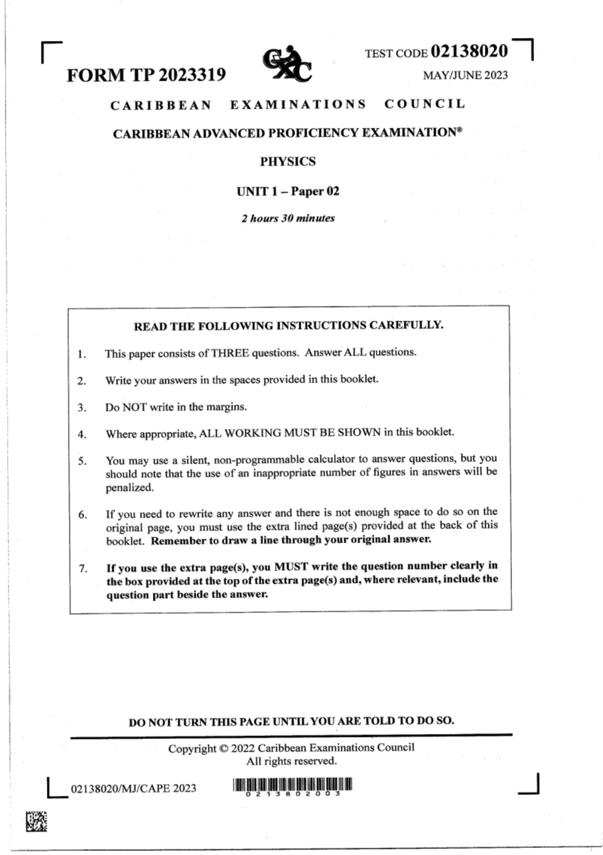 CAPE Physics Unit 1 Paper 02 2023 - Past Exam Questions - Studocu