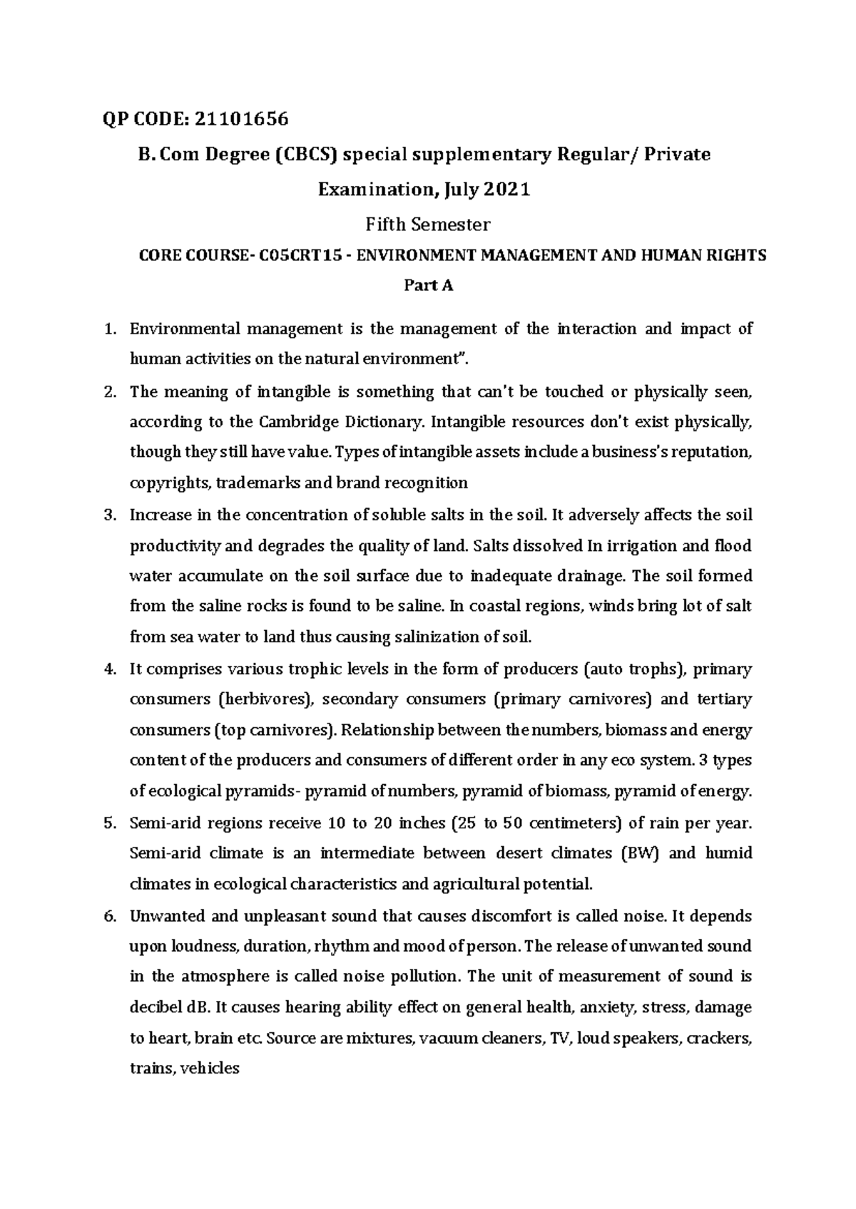 B.Com Sem 5 Exam July 2021: Env Management & Human Rights Notes - Studocu