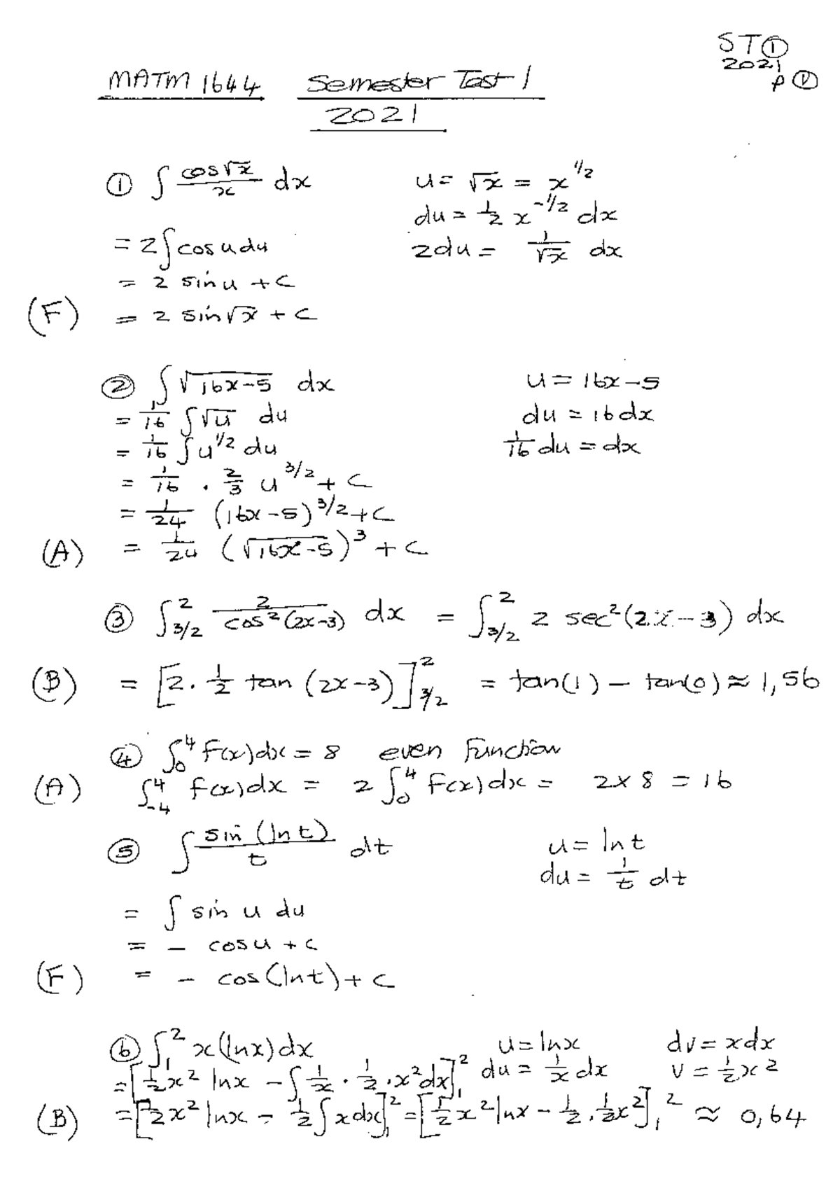 MATM 1644 Semester Test 1 Memo 2021: Solutions and Explanations - Studocu