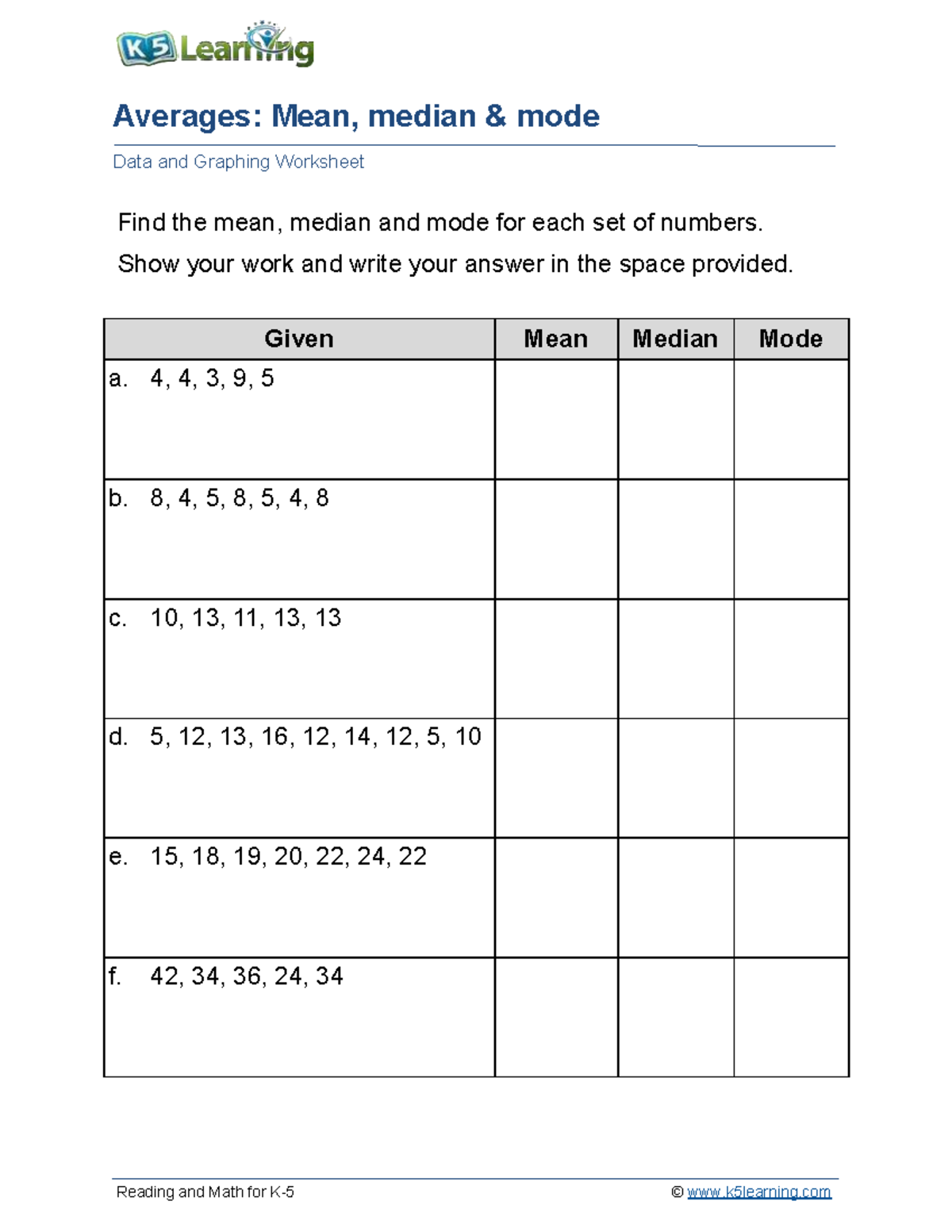 Grade 5 Averages Mean, Median, Mode Worksheet Studocu
