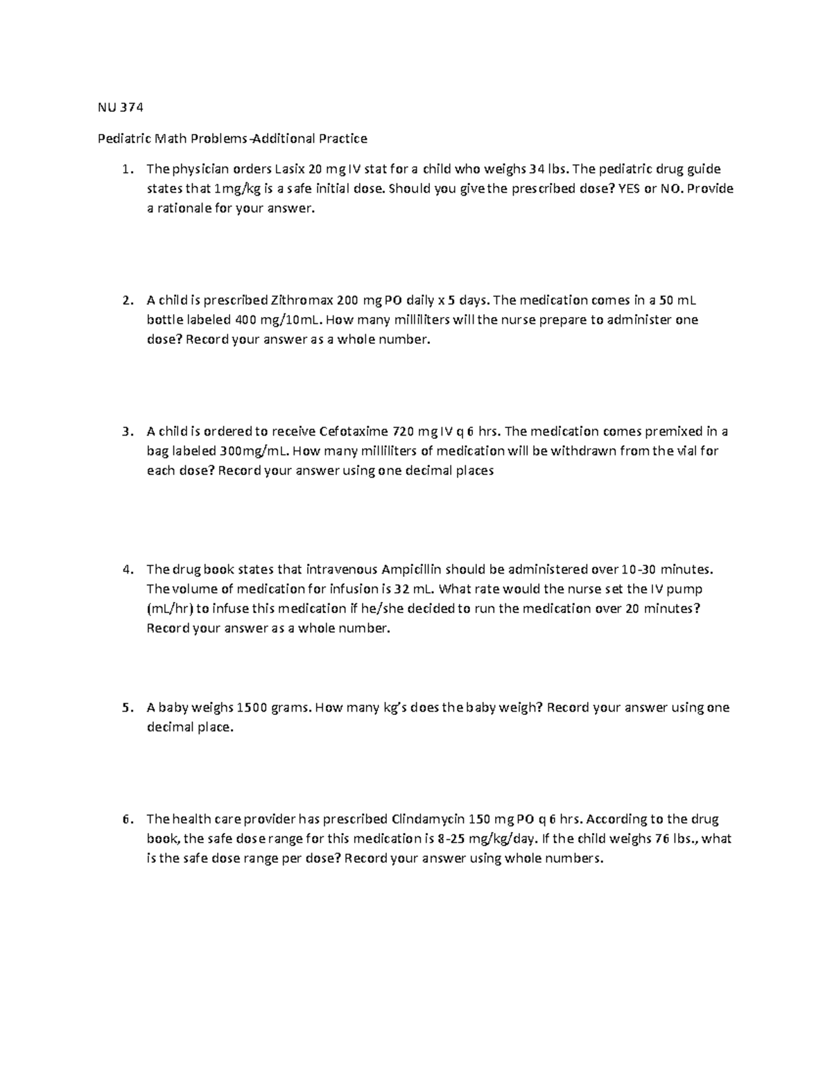 NU 374 Pediatric Math Practice: Exam 1 Prep Problems - Studocu