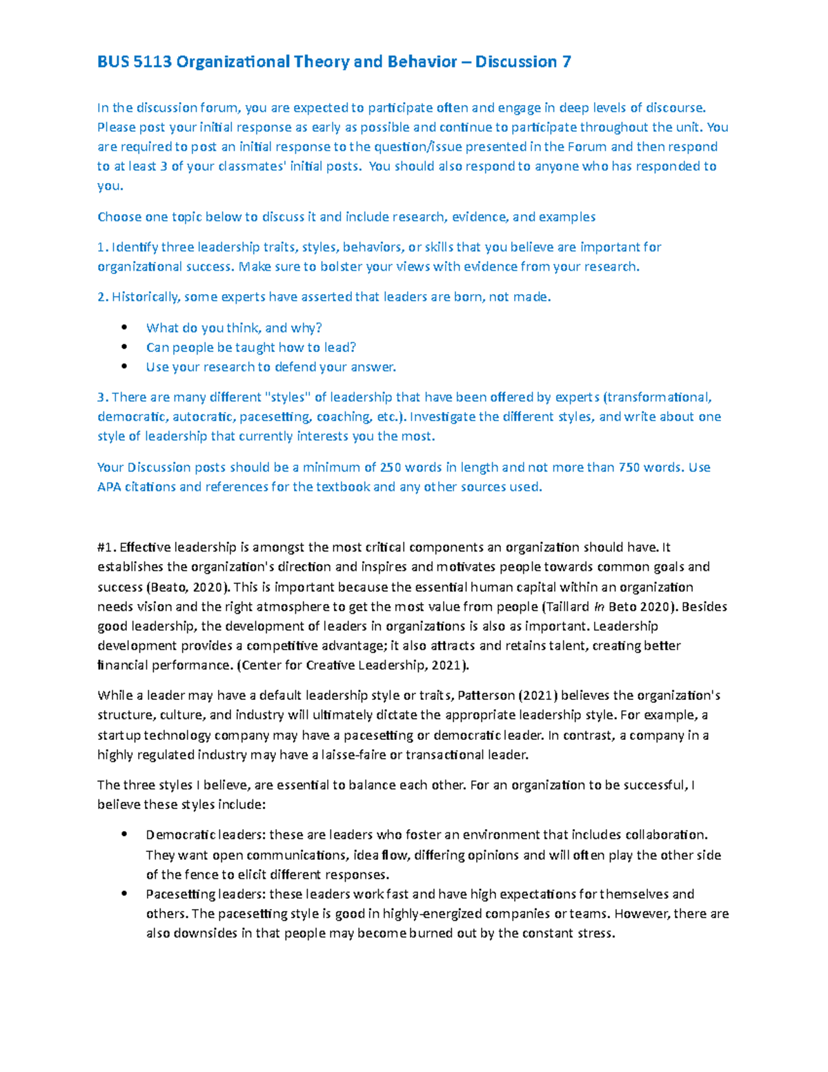 BUS 5113 - Discussion 7 - Mandatory assignment - BUS 5113 ...
