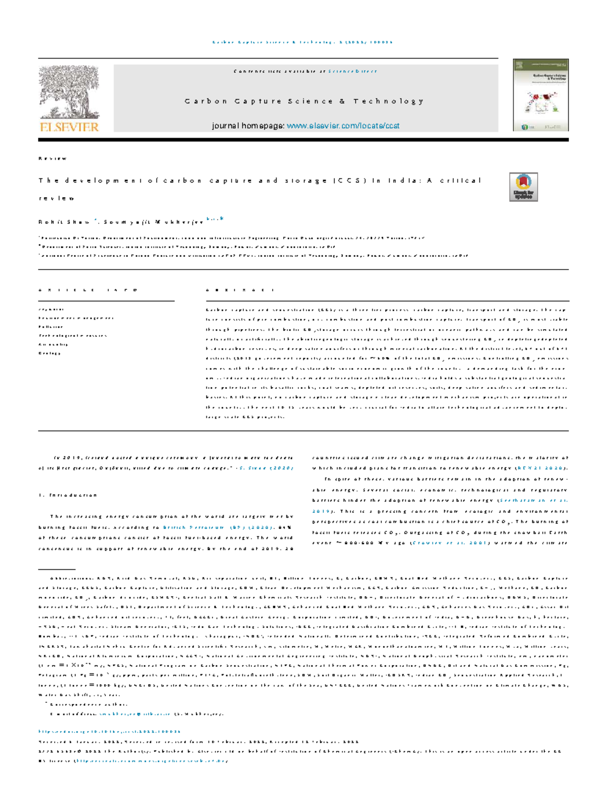 Critical Review of Carbon Capture and Storage (CCS) in India: Advances ...