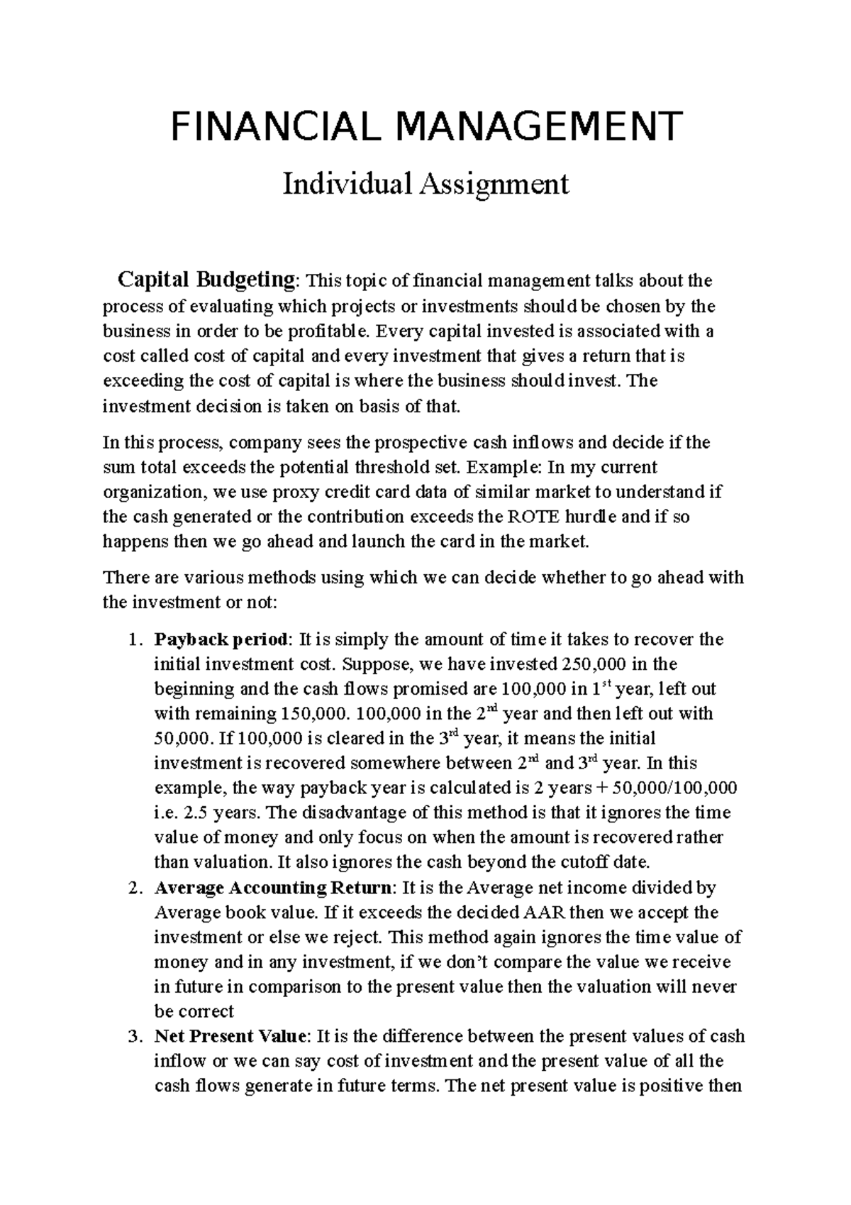 Financial Management (FM 101) - Individual Assignment on Capital ...