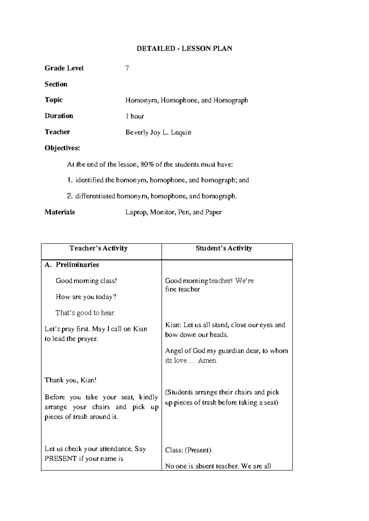 Grade 7 Lesson Plan: Understanding Homonyms, Homophones, and Homographs ...