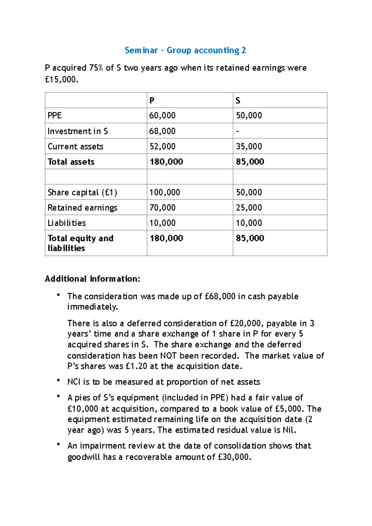 Group accounting 3 seminar answer - Seminar – Group accounting ...