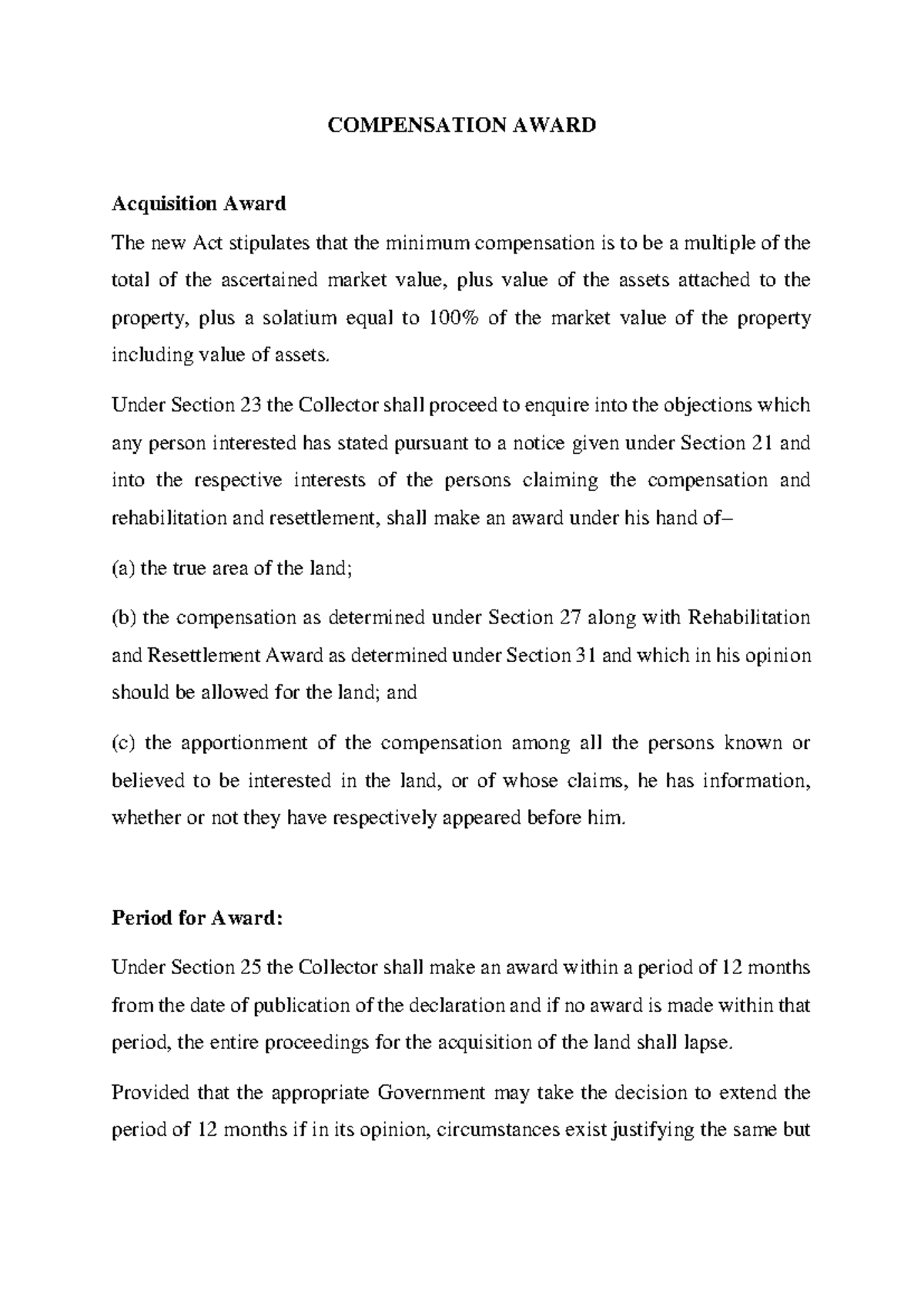 Compensation Award in Land Law: Key Determinations and Guidelines - Studocu