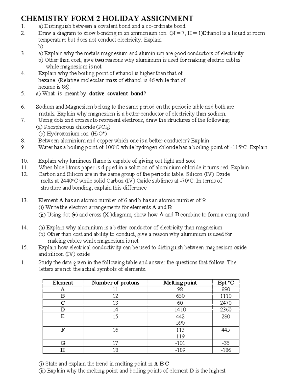 Chemistry form 2 holiday assignment questions and answers - Studocu