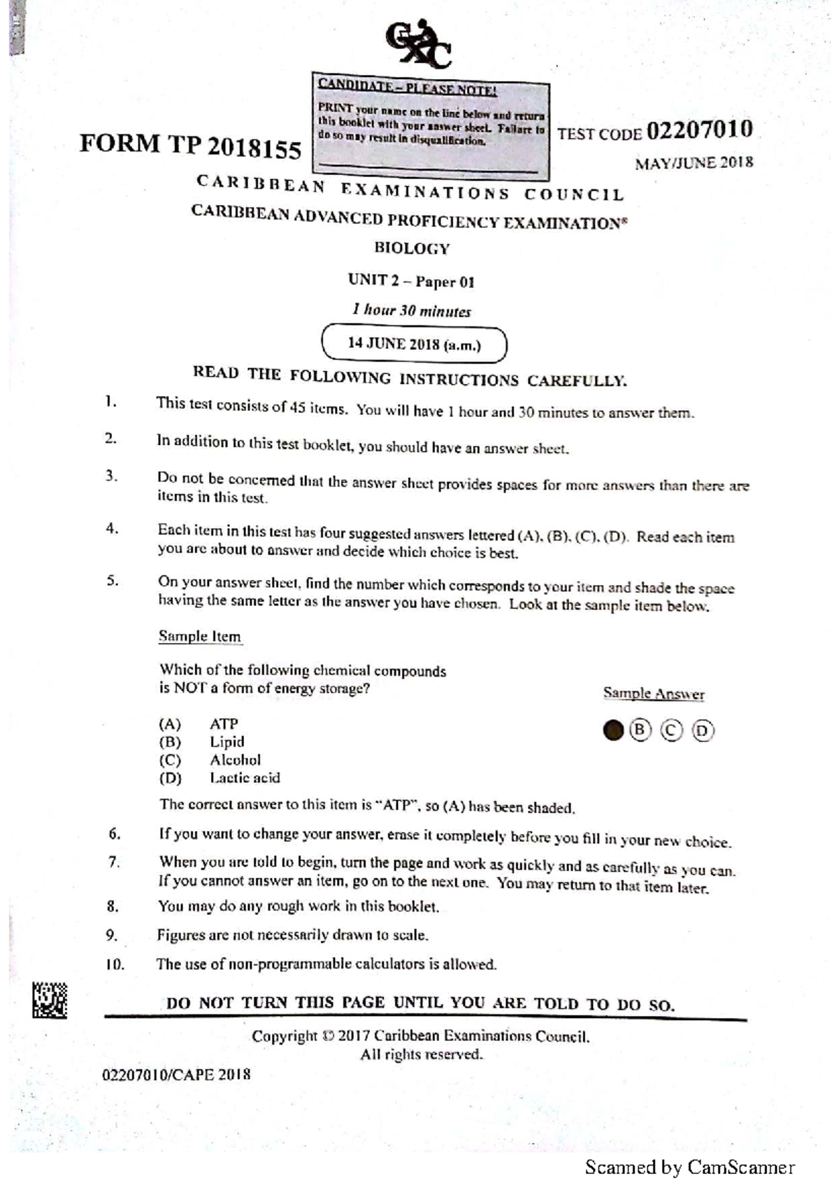 CAPE Biology 2018 Unit 2 Paper 1 Test Instructions and Solutions - Studocu