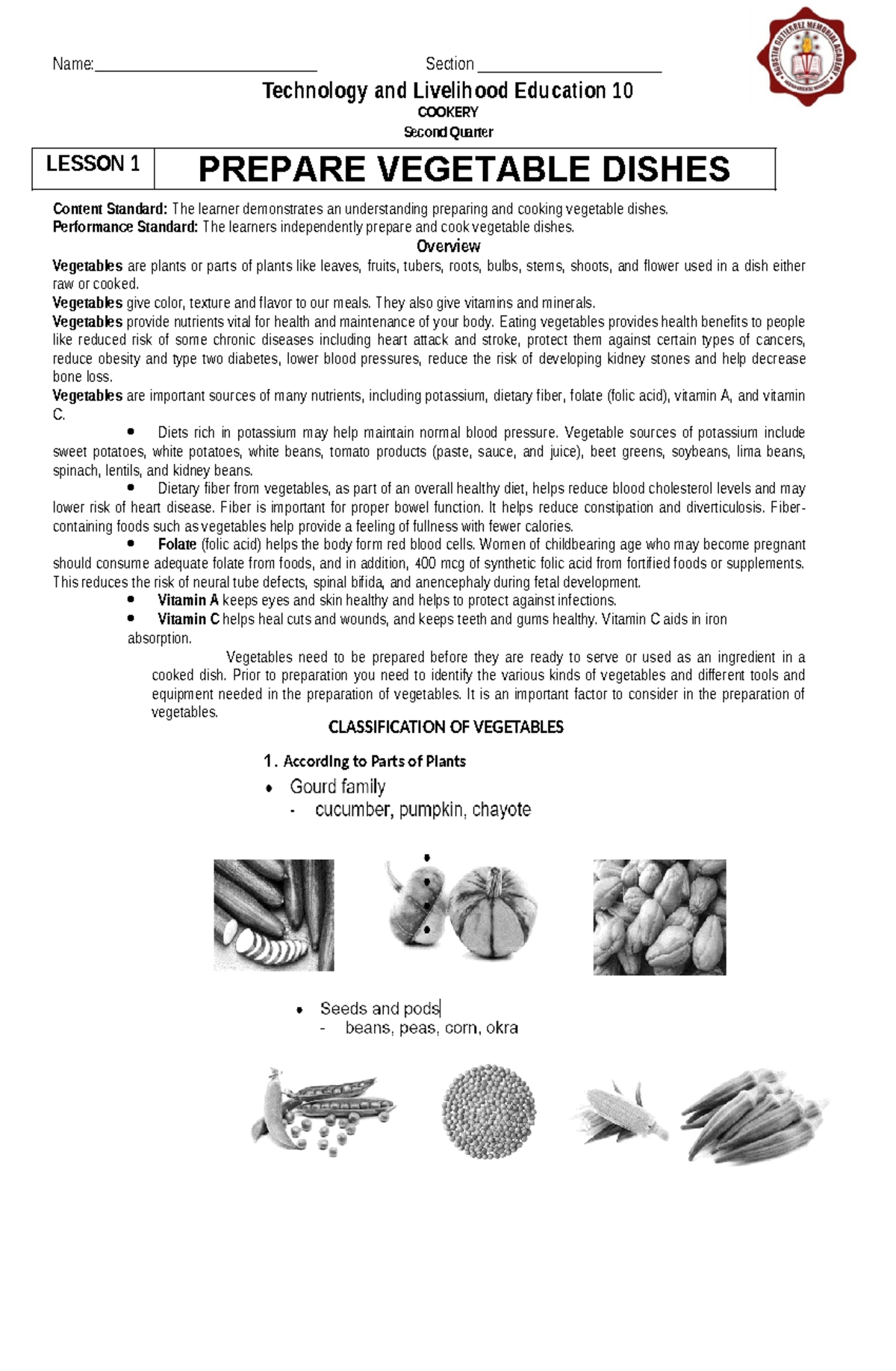 TLE10 - Classification and Preparation of Vegetables (2nd Quarter 2023 ...