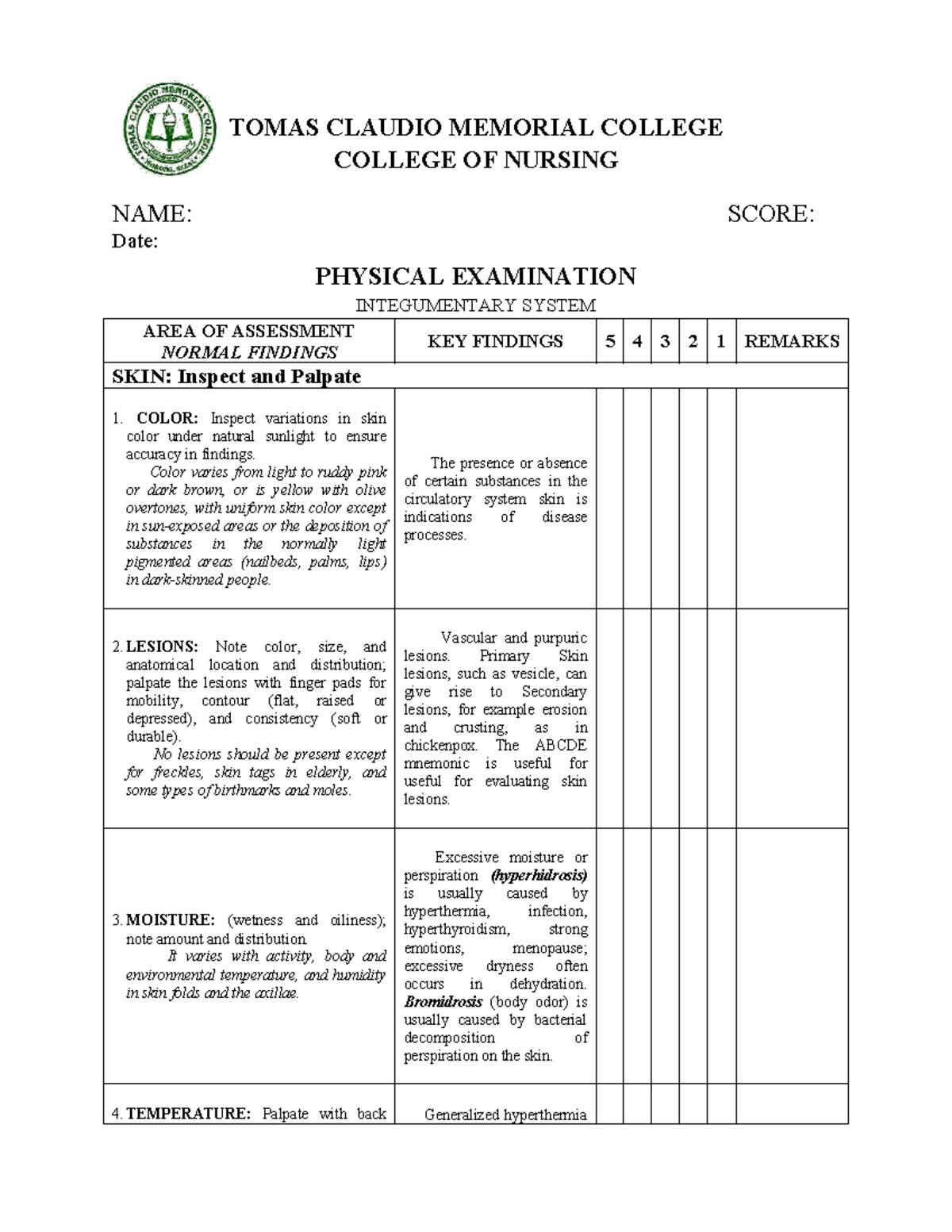 PE checklist-6-1 - Health Assessment - TOMAS CLAUDIO MEMORIAL COLLEGE ...
