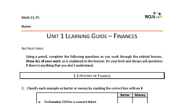 UNIT 1 learning Guide - finances - Name: UNIT 1 LEARNING GUIDE – F ...