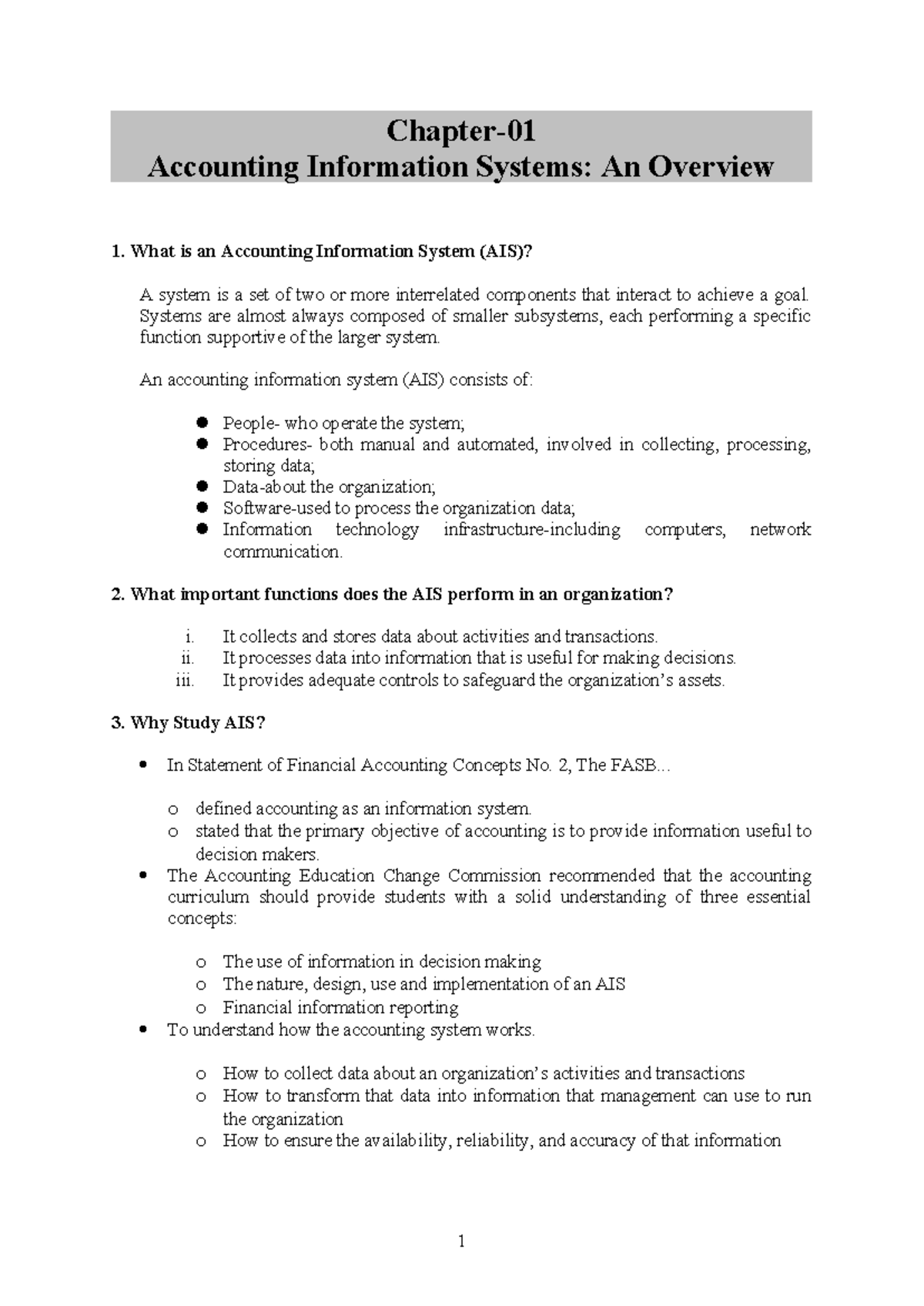 Chapter 1: Overview of Accounting Information Systems (AIS) - Studocu
