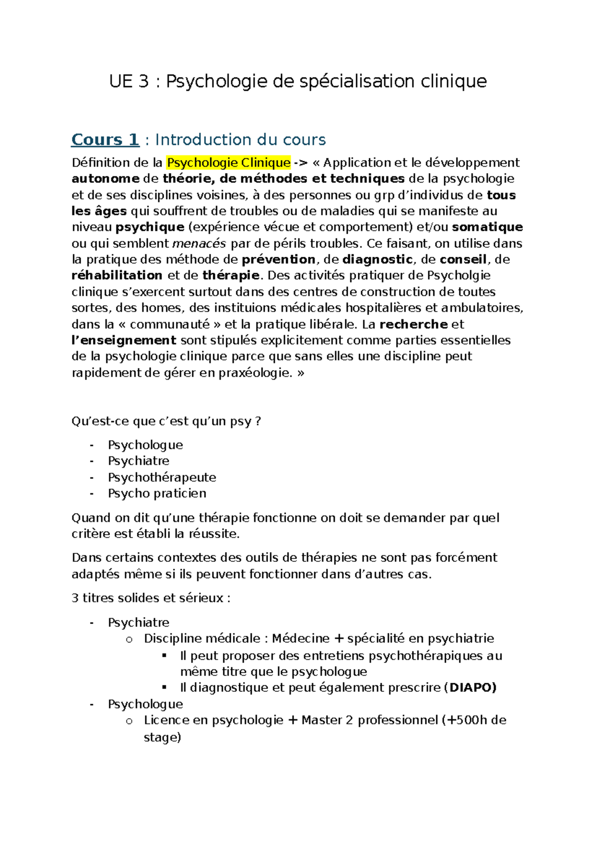 UE 3 : Psychologie Clinique - Cours 1 : Introduction et Pratiques - Studocu