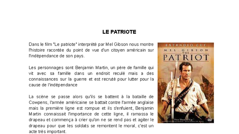 LE PATRIOTE - Résumé du Film avec Mel Gibson - Studocu