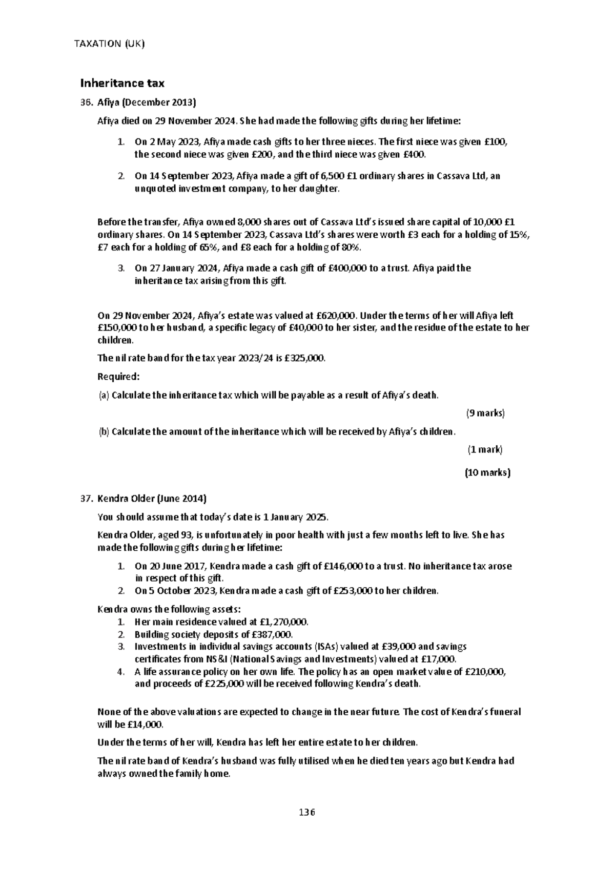 TAXATION (UK) Inheritance Tax Calculations - IHT Questions & Answers ...