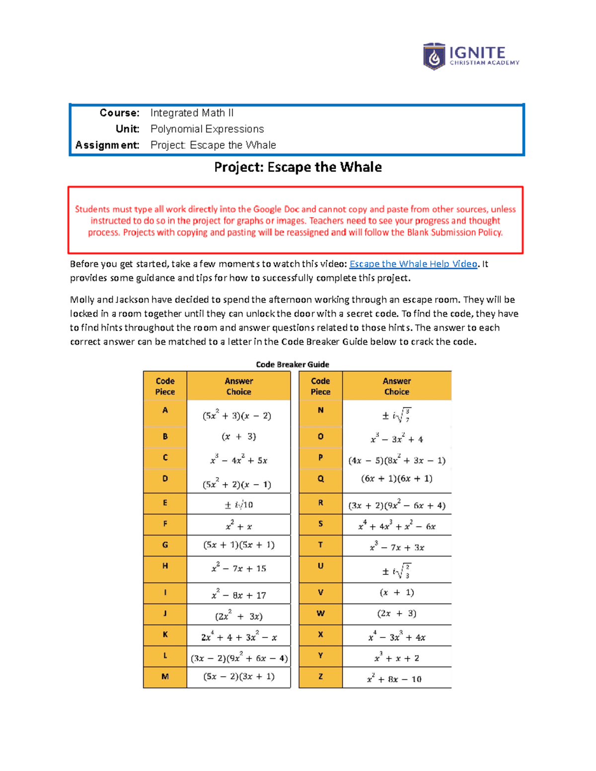 Escape the Whale Project - IM203 Integrated Math II Assignment 2024 ...