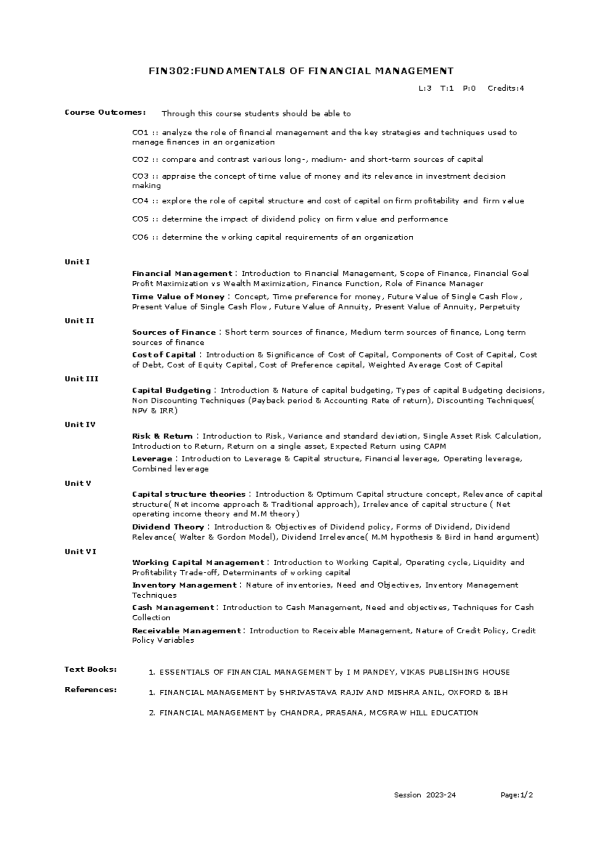 FIN 302 Syllabus: Fundamentals of Financial Management Overview - Studocu