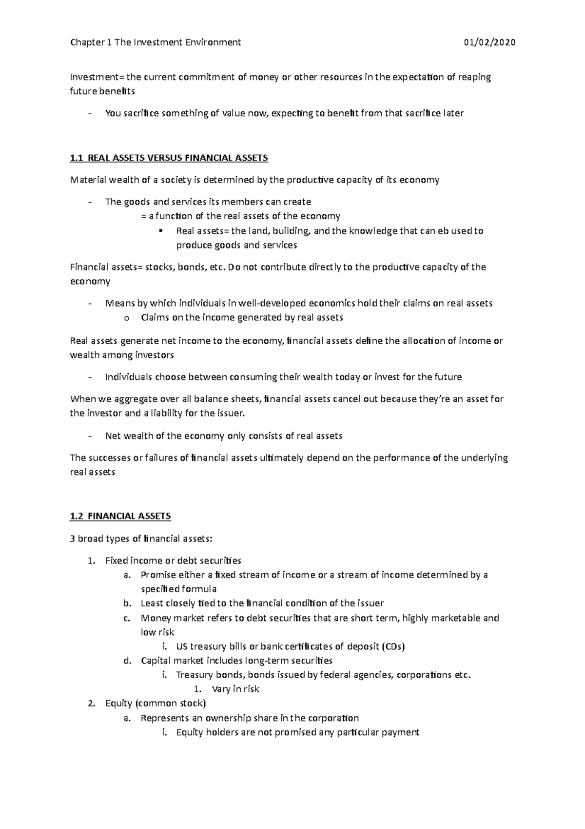 Chapter 1: The Investment Environment and Financial Assets Overview ...